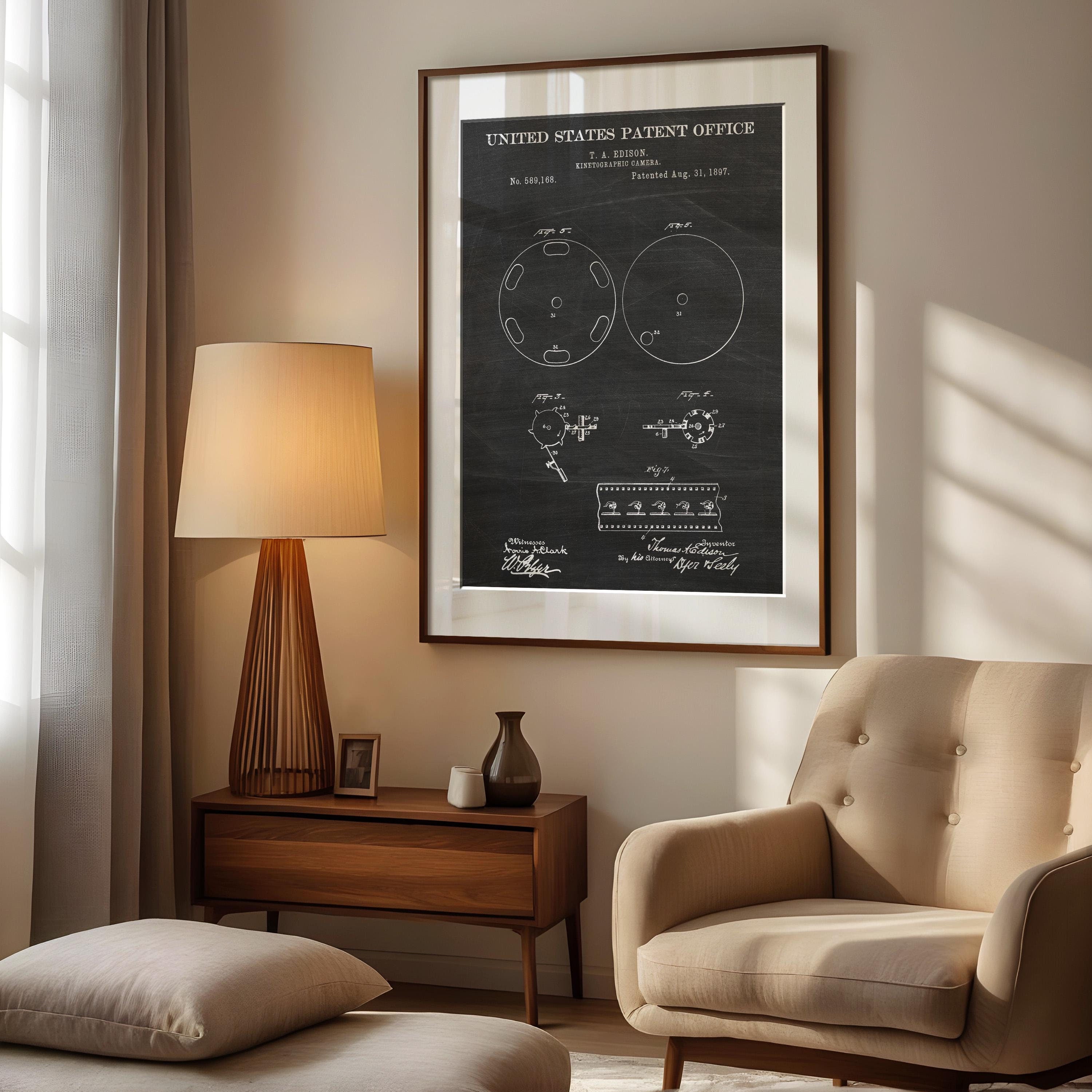 Kinetographic camera (Edison) patent poster - cinema room wall art, movie room decor, film lover gift, vintage print (US589168-2)