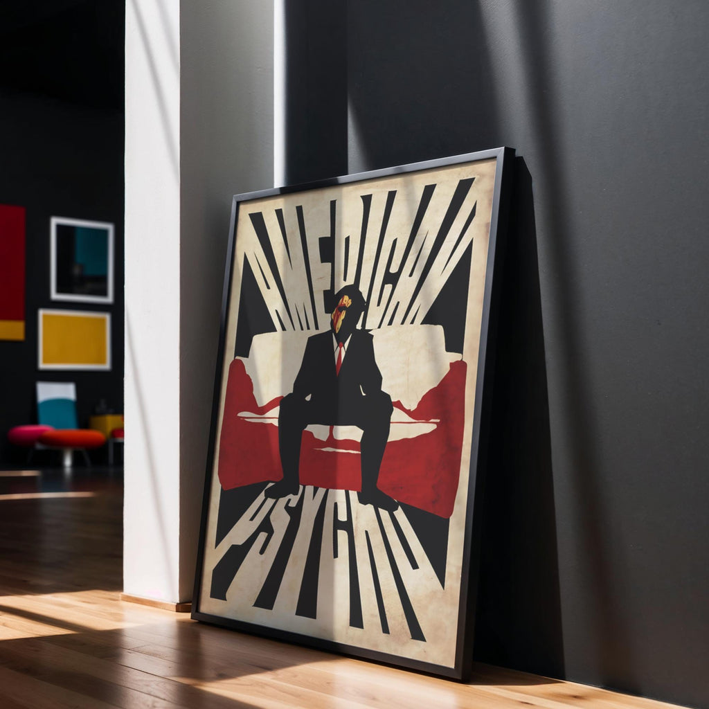 poster di American Psycho incorniciato, appoggiato su parete nera, illuminato da luce naturale