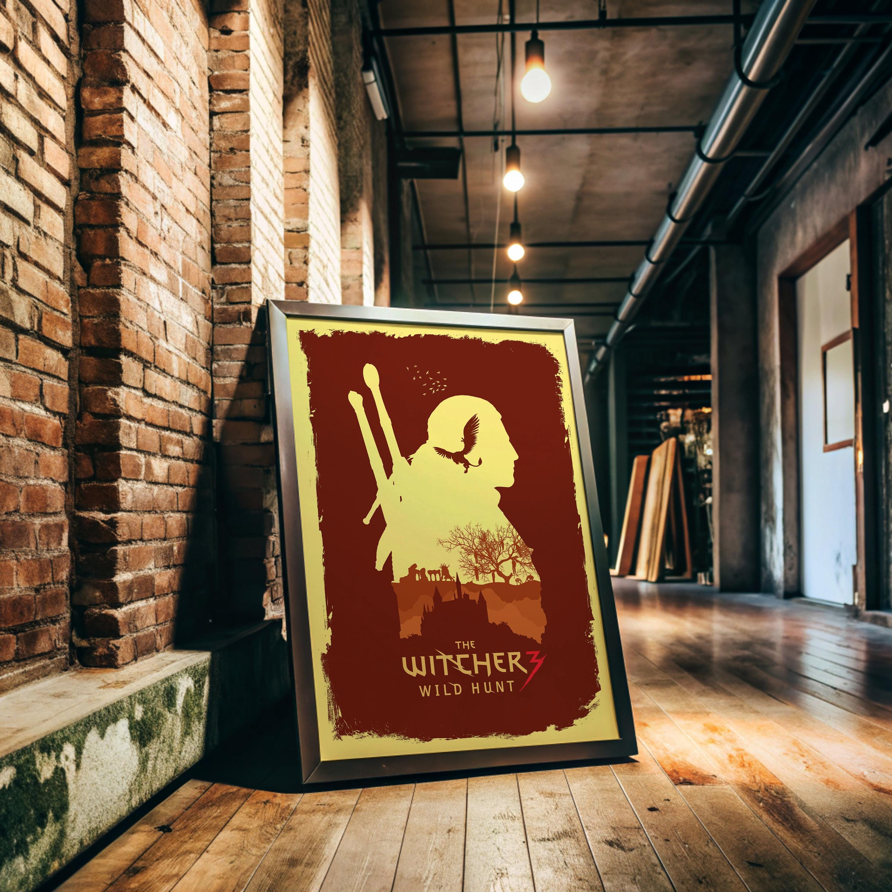 poster di the witcher 3 incorniciato, appoggiato a parete in un contesto industrial
