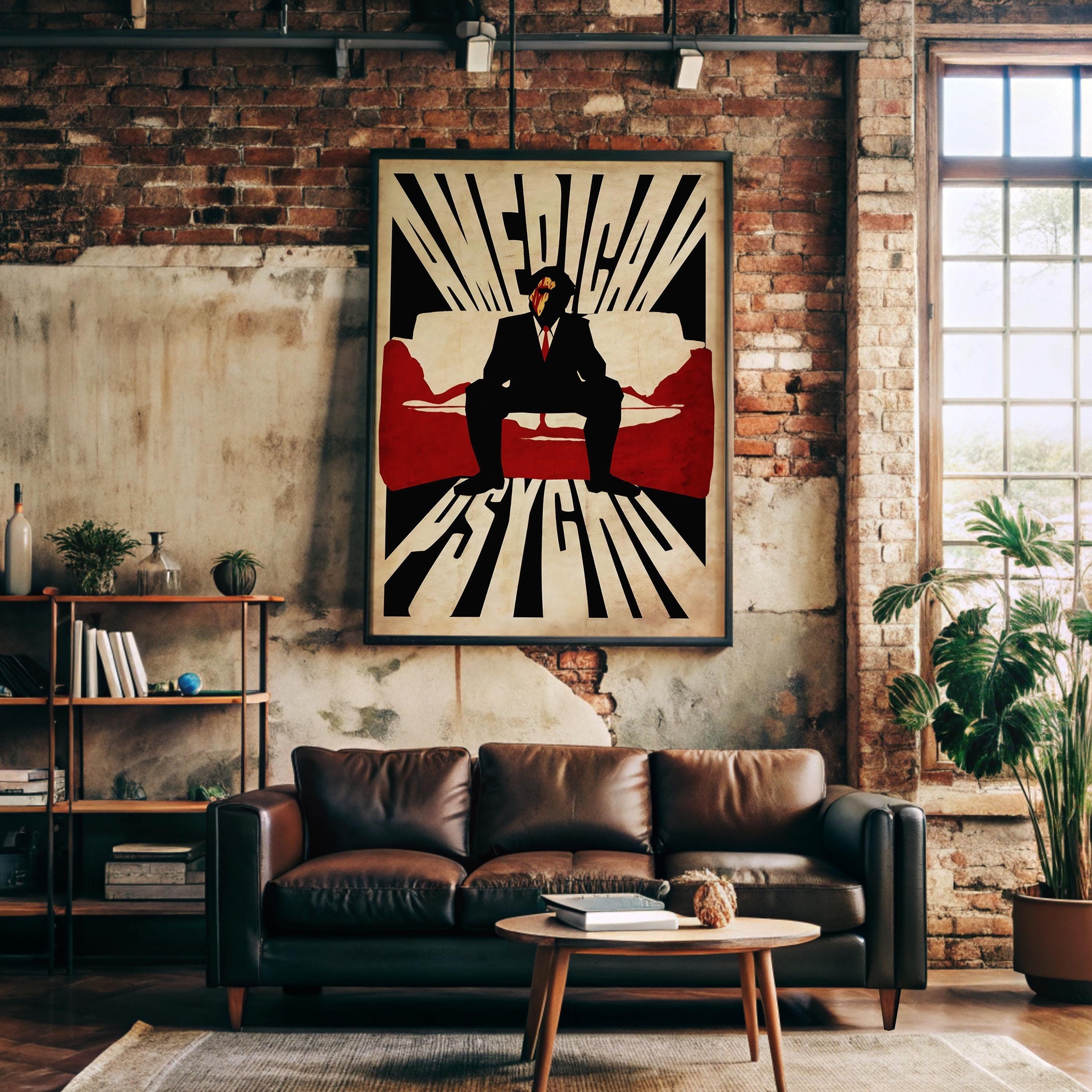 poster grandezza A0 di American Psycho incorniciato, appeso su parete stile industrial, sopra divano in pelle marrone, illuminato da luce naturale