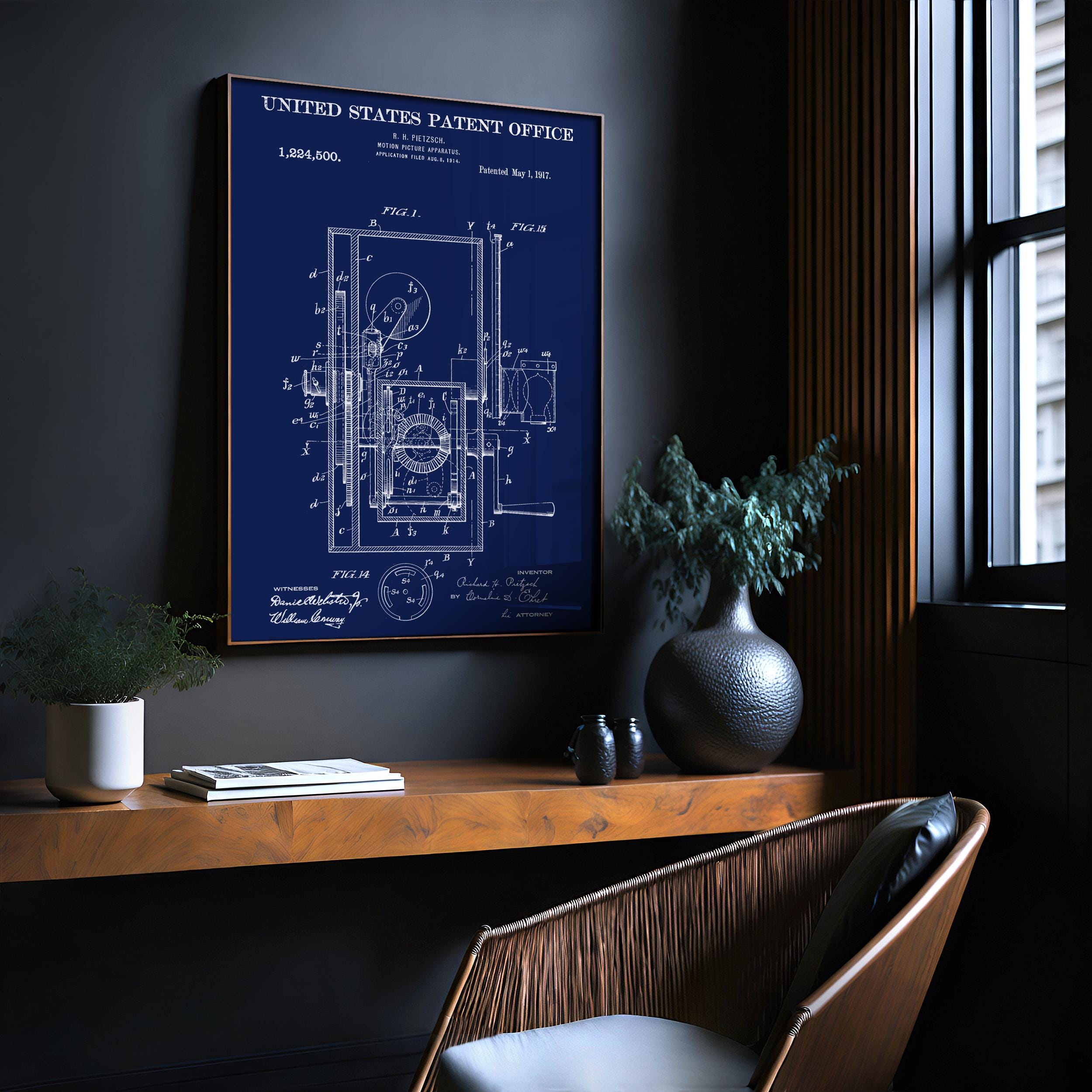 Motion Picture Apparatus Patent Poster - Vintage Cinema Print, Film History Art, Technical Blueprint for Collectors (US1224500)