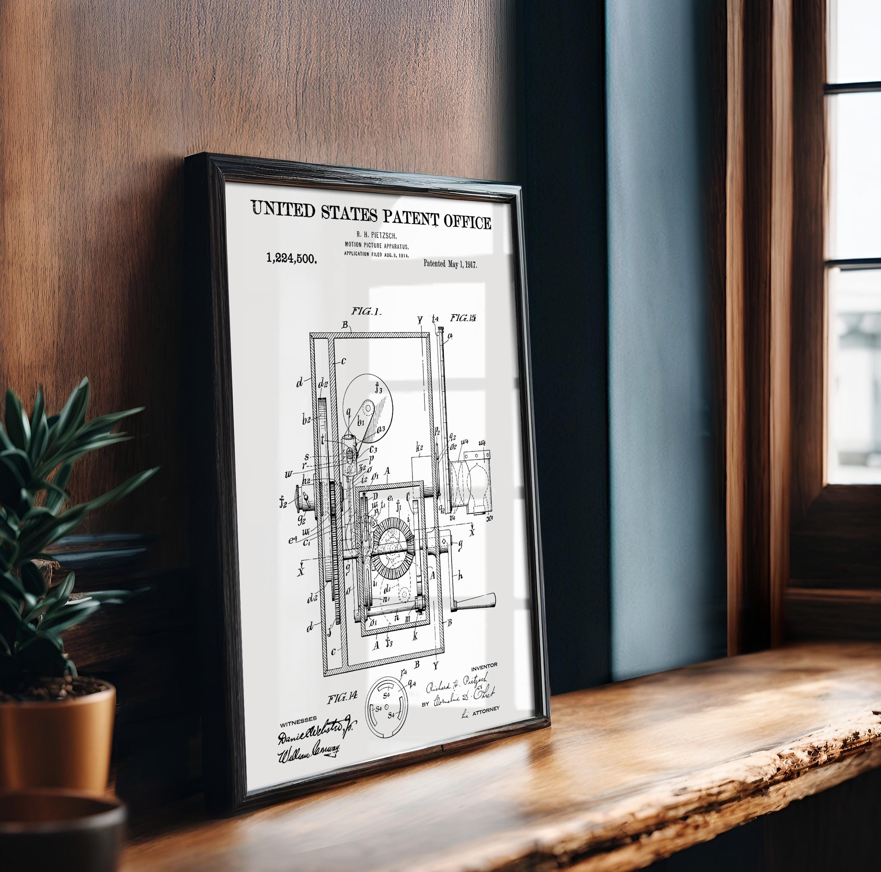 Motion Picture Apparatus Patent Poster - Vintage Cinema Print, Film History Art, Technical Blueprint for Collectors (US1224500)