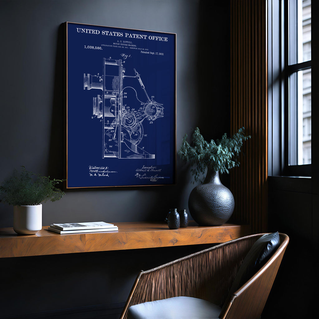 Motion Picture Machine (Howell 1) Patent Poster – Retro movie print, industrial wall art, tech office decor (US1038586-1)
