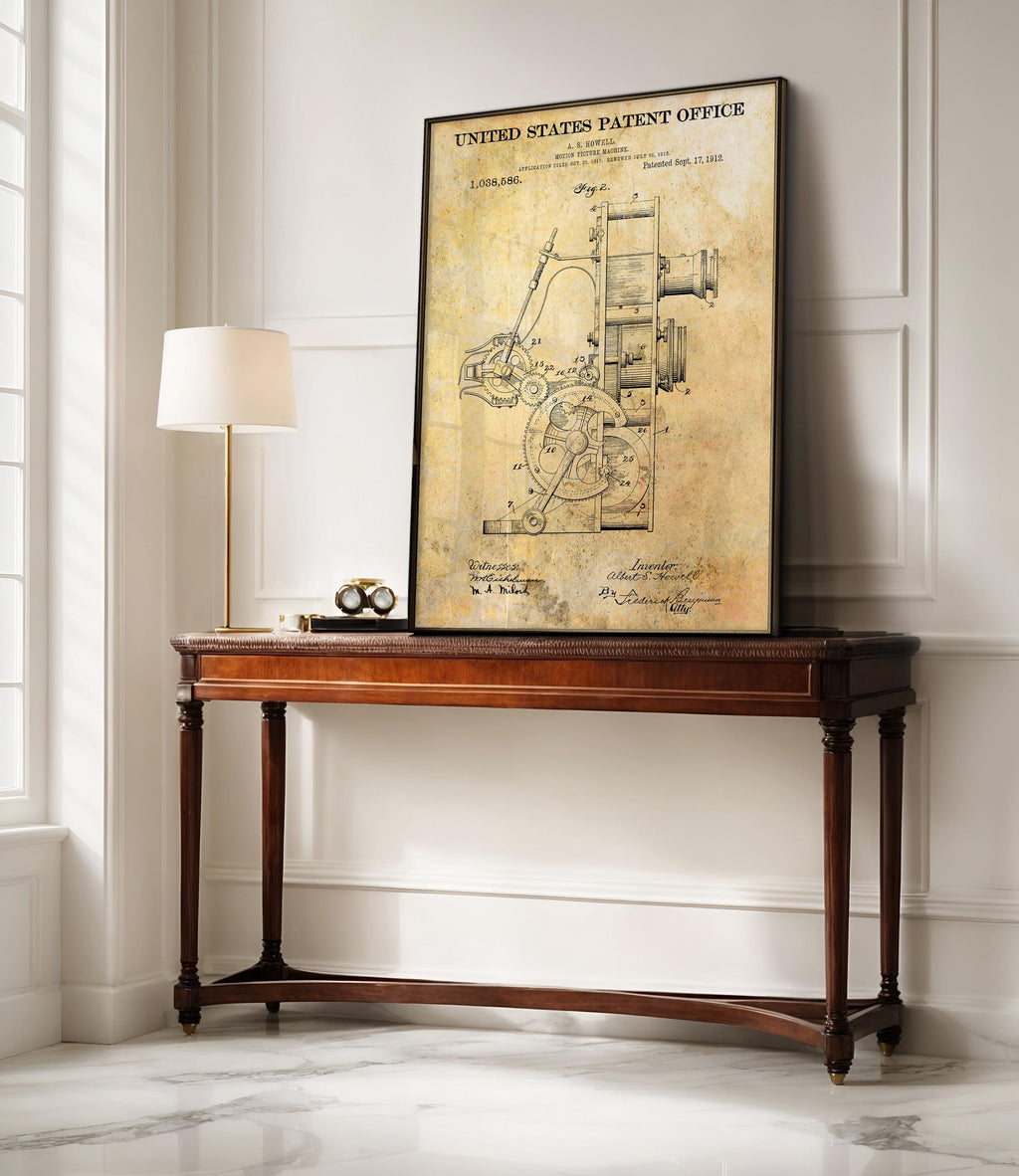 Motion Picture Machine (Howell) Patent Poster – Retro movie print, industrial wall art, tech office decor (US1038586-2)