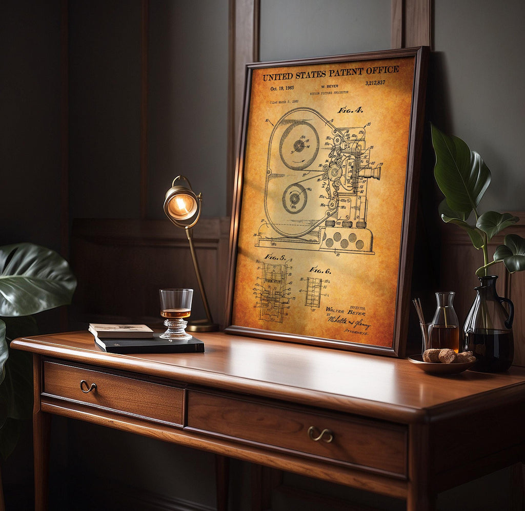Motion Picture Projector (Beyer) Patent Poster – Vintage patent wall art, movie technology print, gift for film buffs (US3212837-2)