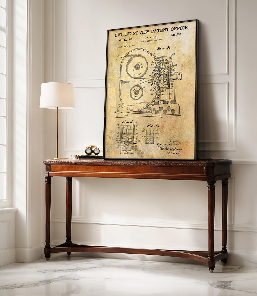 Motion Picture Projector (Beyer) Patent Poster – Vintage patent wall art, movie technology print, gift for film buffs (US3212837-2)