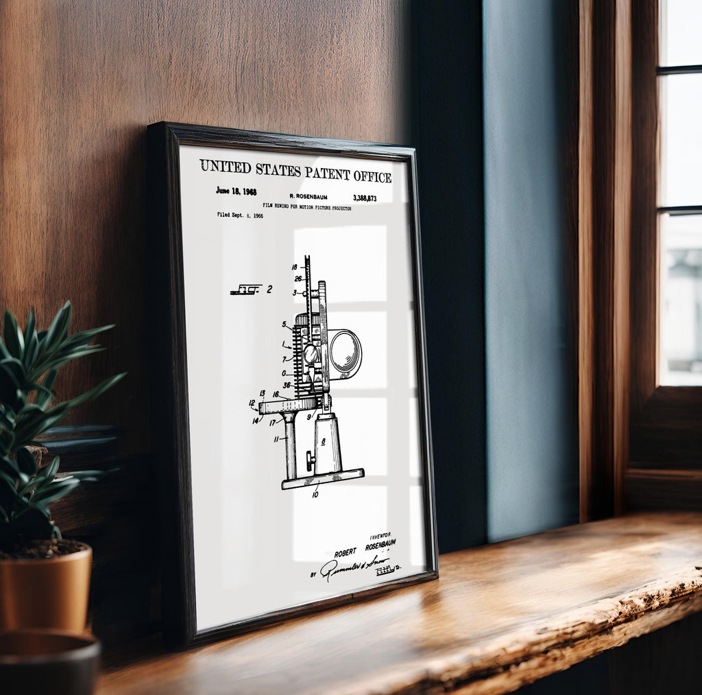 Film Rewind for Motion Picture Projector (US3388873-2) Patent Poster - Vintage wall art, technical movie print, gift for film lovers