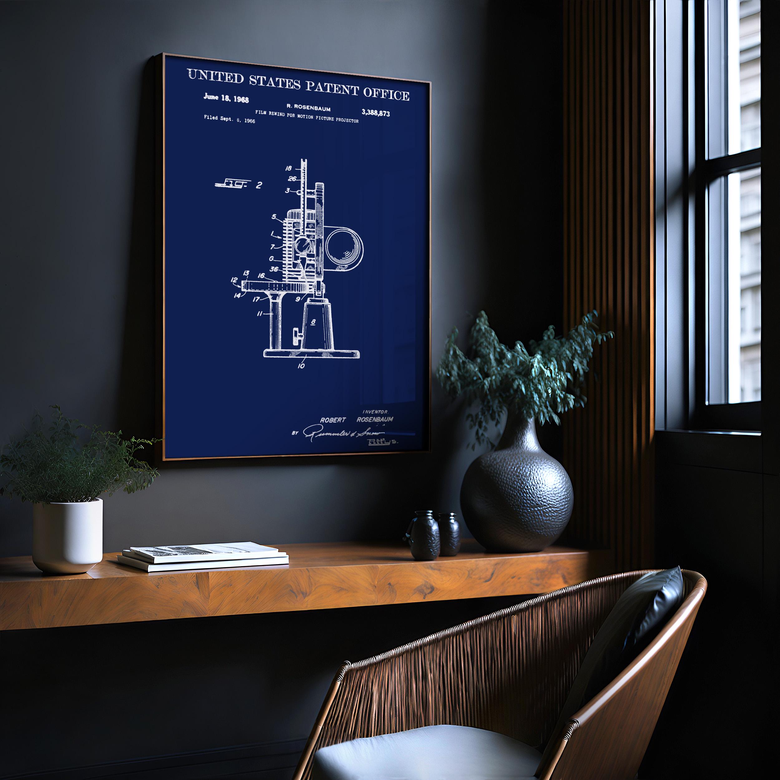Film Rewind for Motion Picture Projector (US3388873-2) Patent Poster - Vintage wall art, technical movie print, gift for film lovers