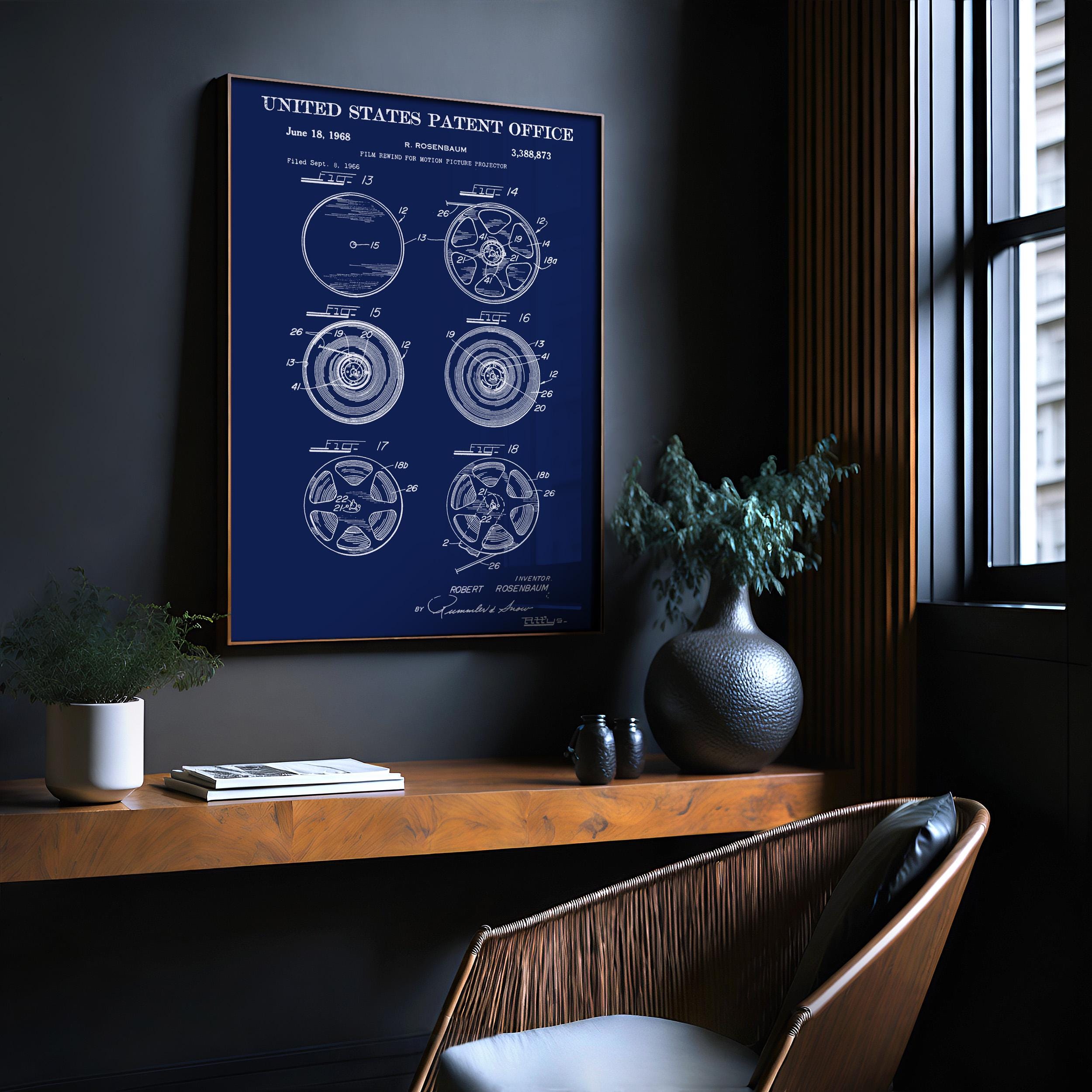 Film Rewind for Motion Picture Projector Patent Poster - Vintage wall art, technical movie print, gift for film lovers (US3388873-3)