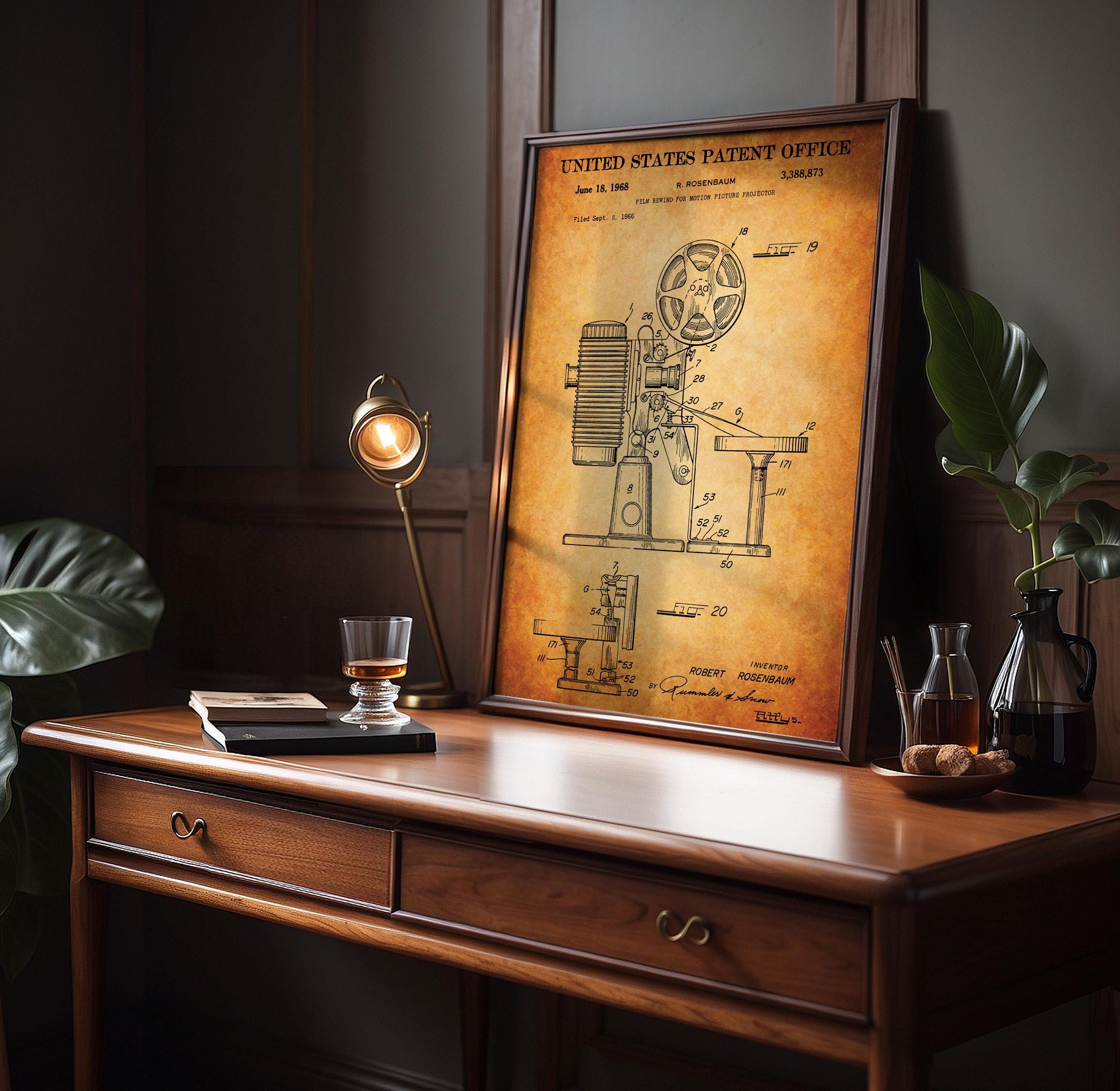 Film Rewind for Motion Picture Projector (US3388873-4) Patent Poster - Vintage wall art, technical movie print, gift for film lovers