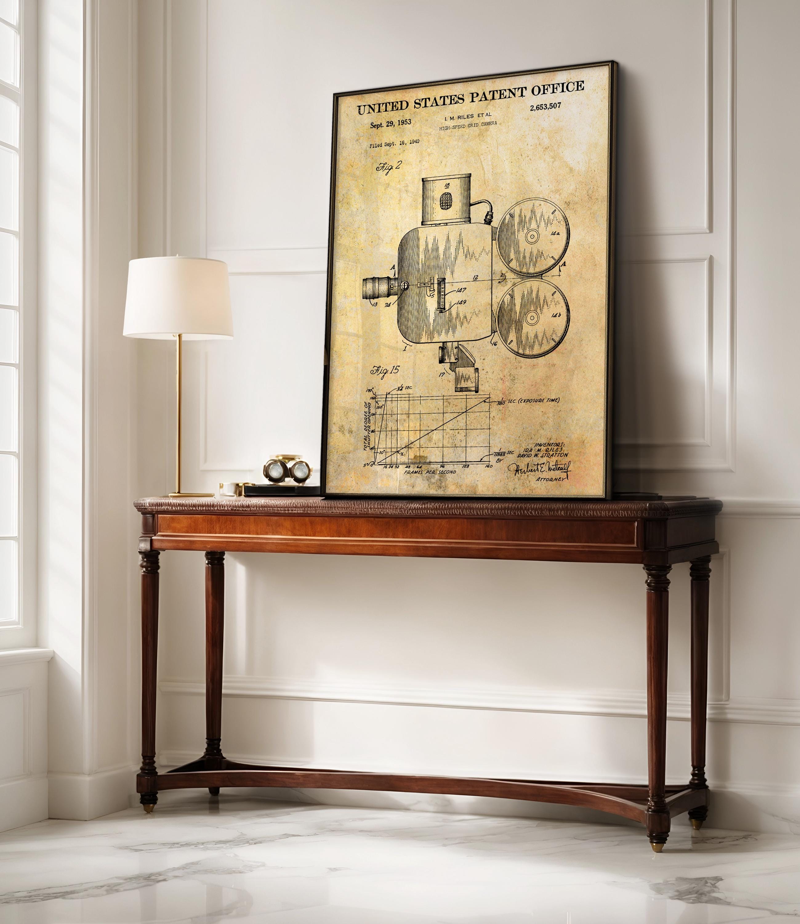 High-speed grid Camera Patent Poster - Technical vintage print, cinema wall art, cinephile gift, motion picture history decor (US2653507-2)