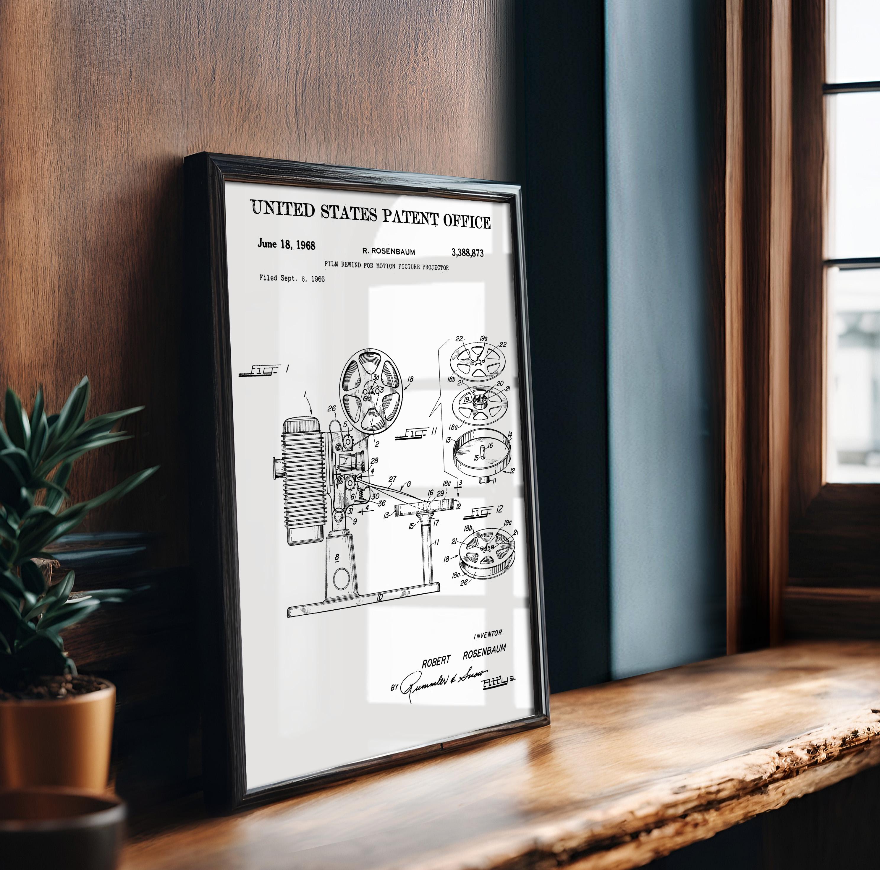 Film Rewind for Motion Picture Projector Patent Poster - Vintage wall art, technical movie print, gift for film lovers [US3388873-1]
