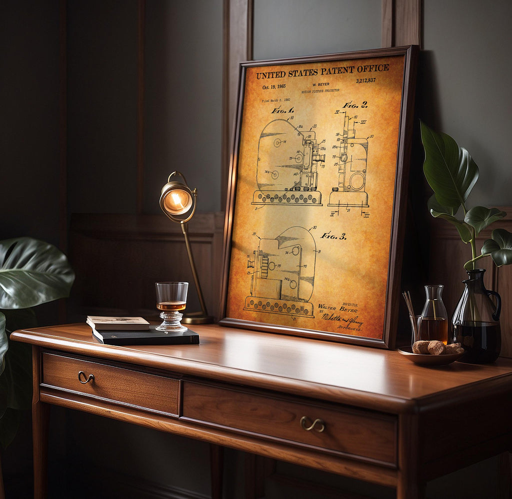 Motion Picture Projector (Beyer 1) Patent Poster – Vintage patent wall art, movie technology print, gift for film buffs (US3212837-1)