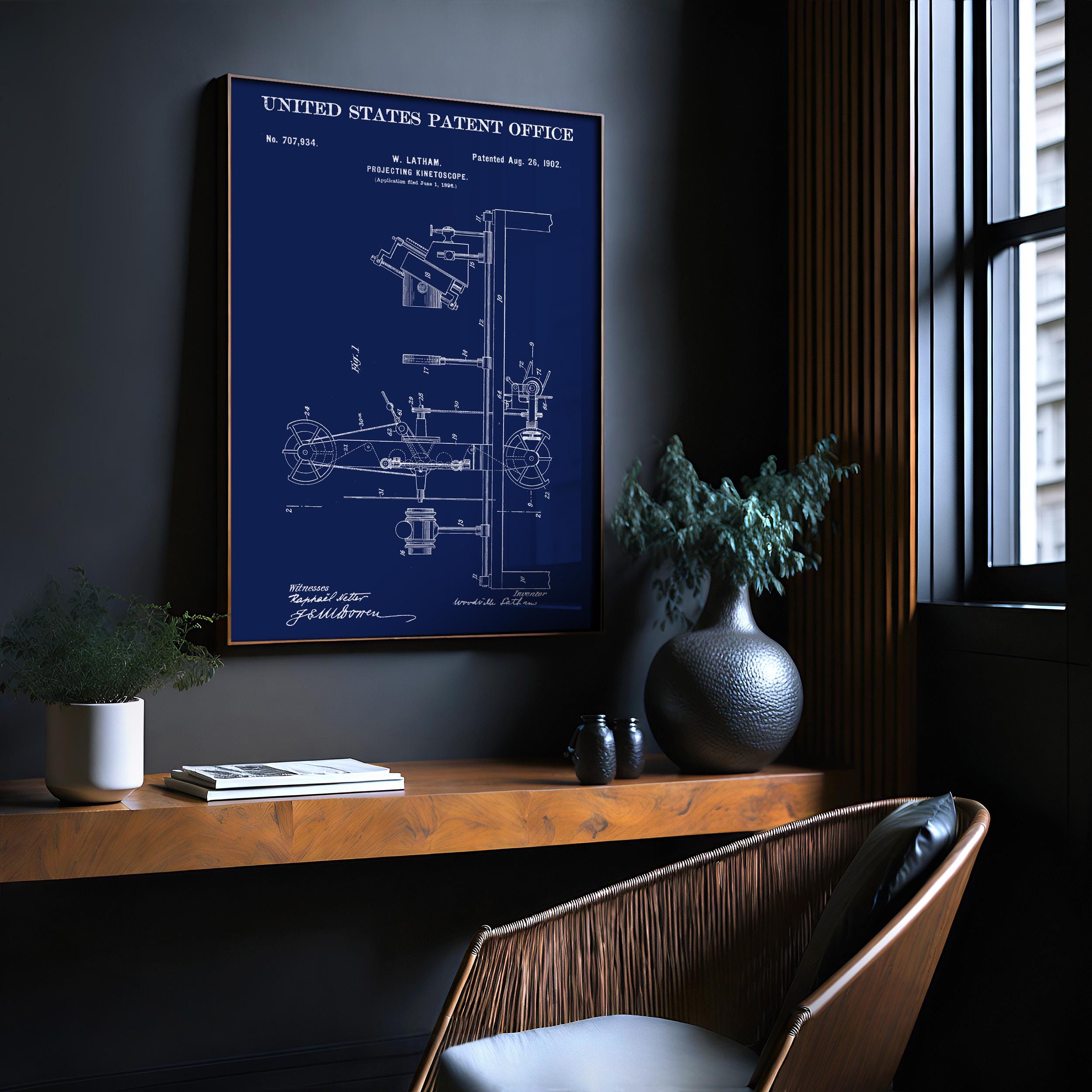 Projecting Kinetoscope Patent Poster – Historic wall art, antique cinema print, vintage poster for office or home theater [US707934]
