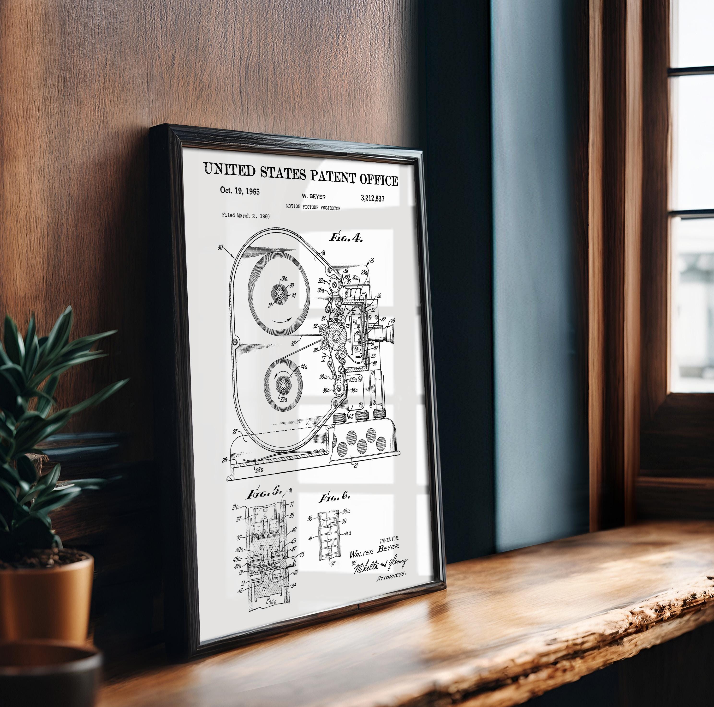 Motion Picture Projector (Beyer) Patent Poster – Vintage patent wall art, movie technology print, gift for film buffs (US3212837-2)