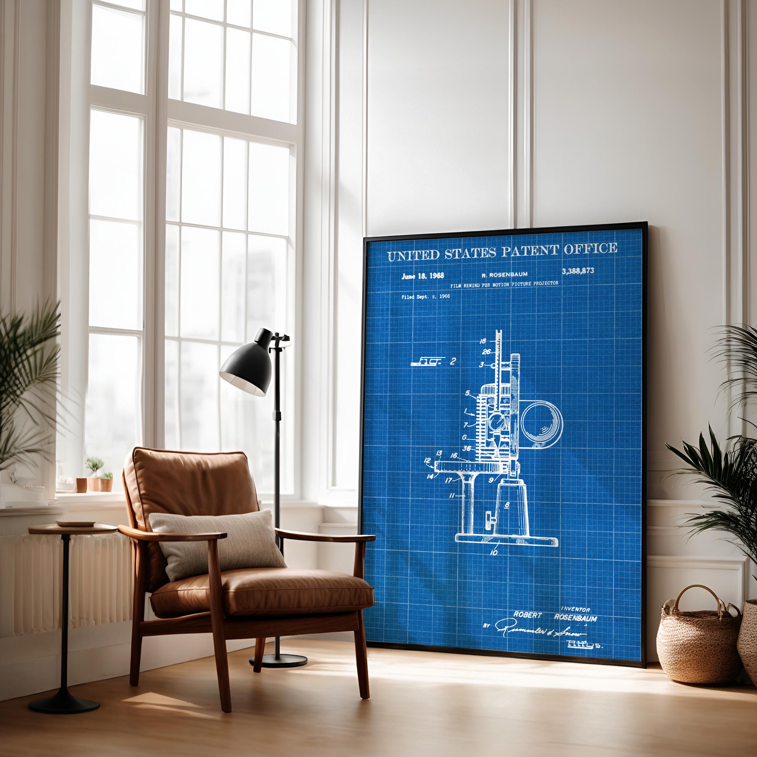 Film Rewind for Motion Picture Projector (US3388873-2) Patent Poster - Vintage wall art, technical movie print, gift for film lovers
