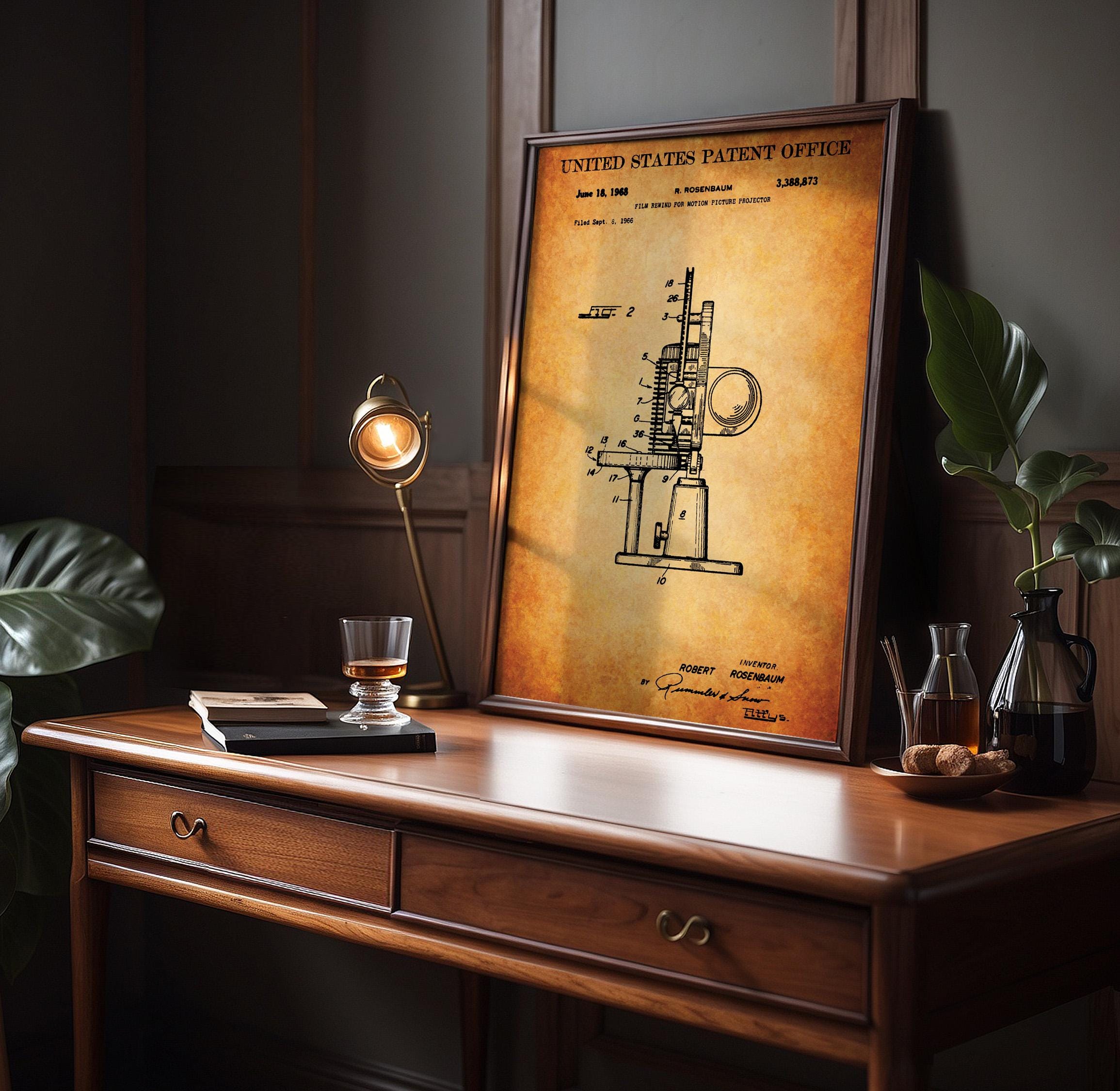 Film Rewind for Motion Picture Projector (US3388873-2) Patent Poster - Vintage wall art, technical movie print, gift for film lovers
