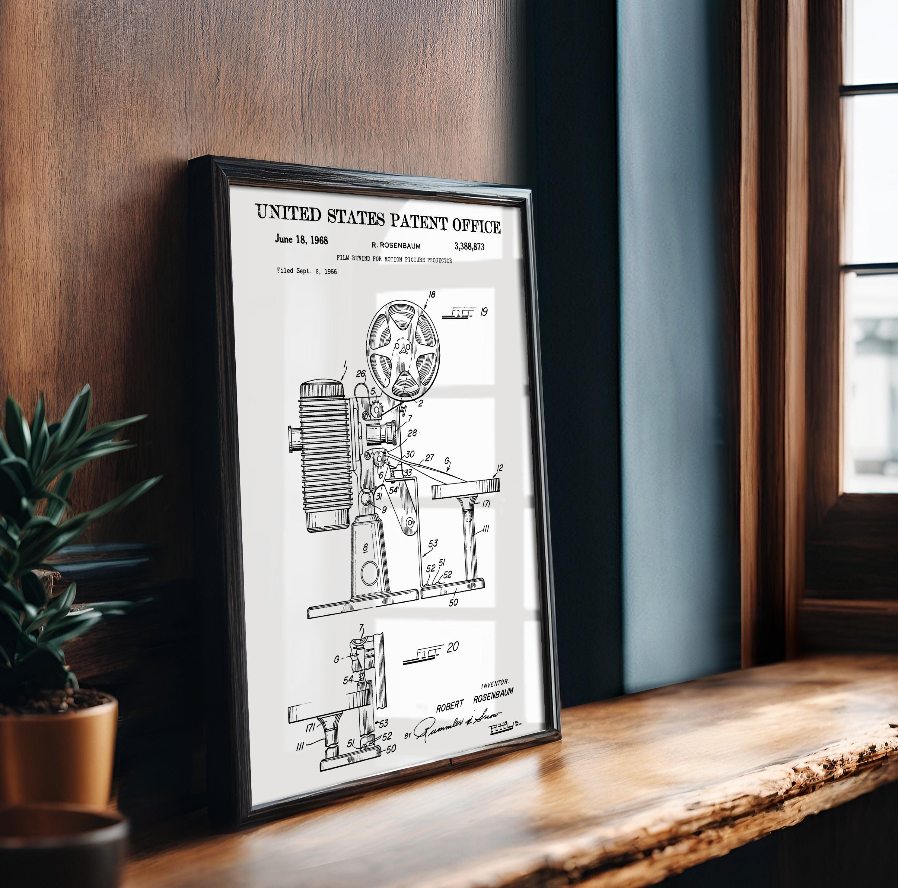Film Rewind for Motion Picture Projector (US3388873-4) Patent Poster - Vintage wall art, technical movie print, gift for film lovers