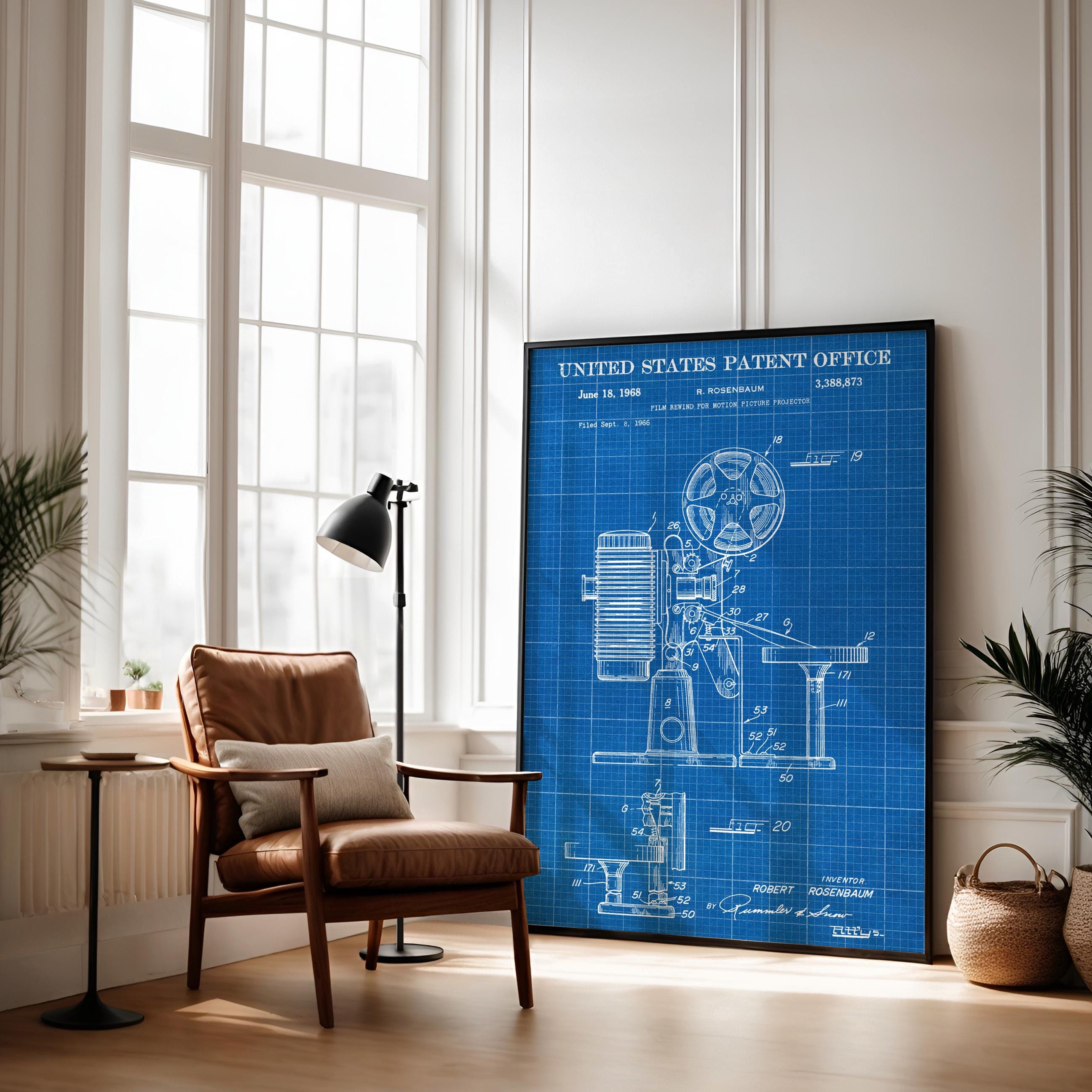 Film Rewind for Motion Picture Projector (US3388873-4) Patent Poster - Vintage wall art, technical movie print, gift for film lovers