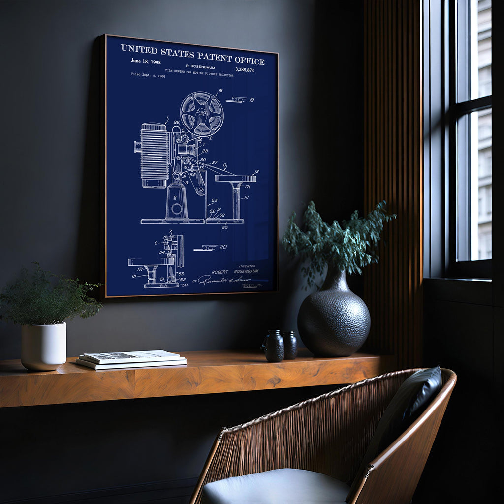 Film Rewind for Motion Picture Projector (US3388873-4) Patent Poster - Vintage wall art, technical movie print, gift for film lovers