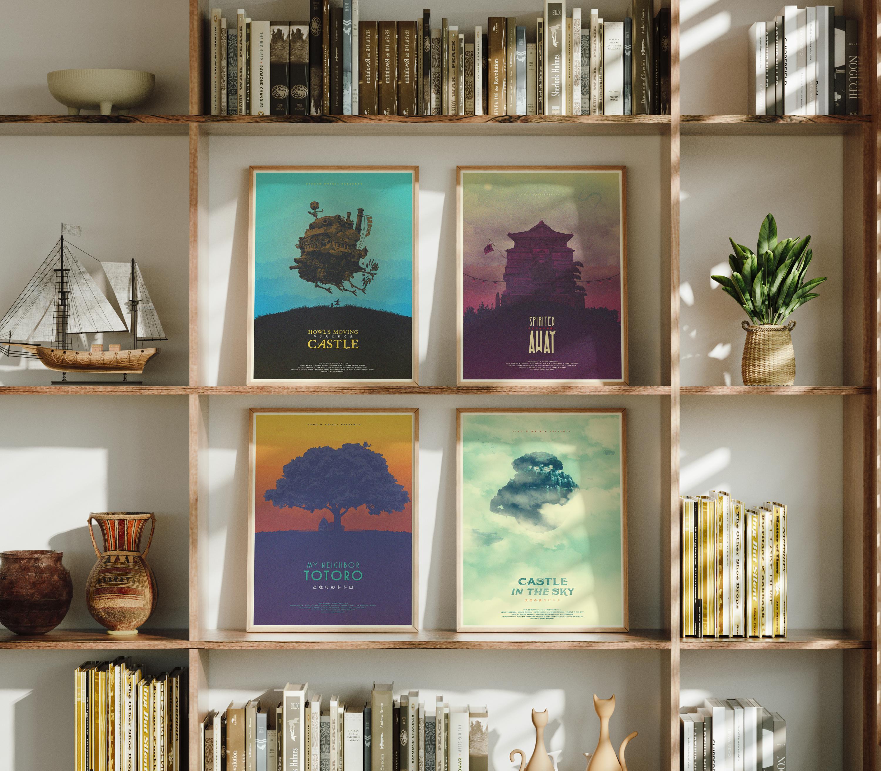 Studio Ghibli Movie Poster Set of 4 - Totoro Spirited Away Castle Howl Art Print, Japanese Animation Decor, Anime Fan Gift