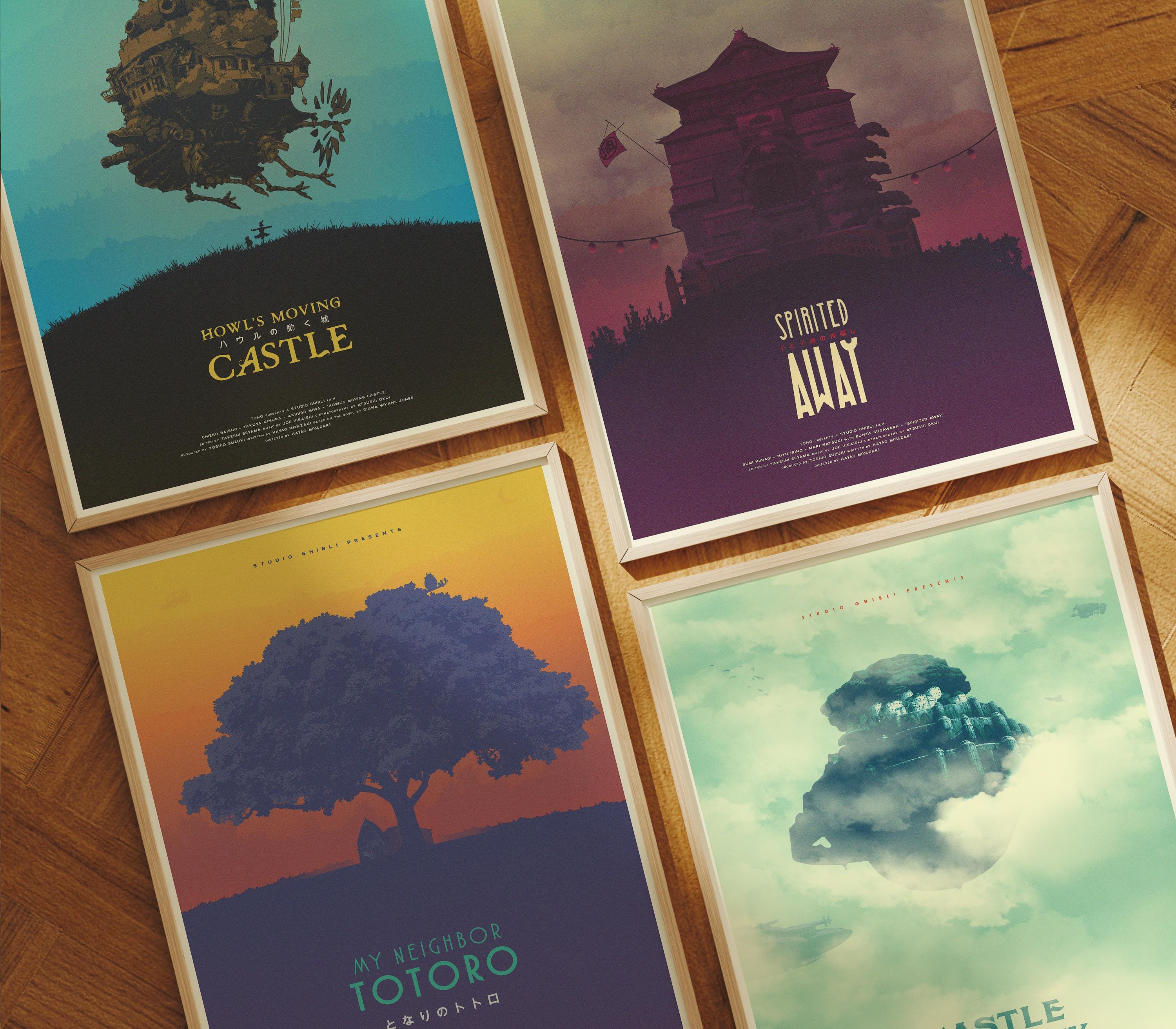 Studio Ghibli Movie Poster Set of 4 - Totoro Spirited Away Castle Howl Art Print, Japanese Animation Decor, Anime Fan Gift