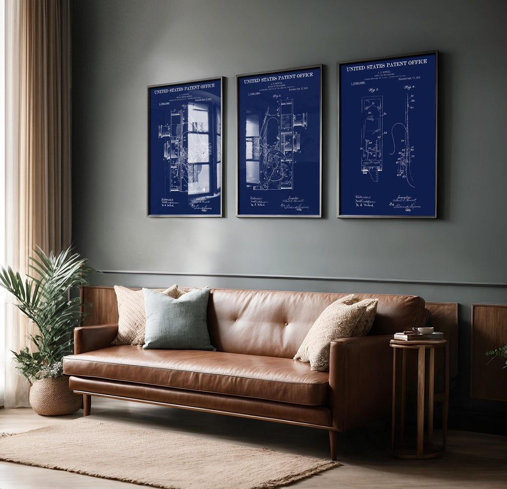 Set of 3 Patent Posters Cinema Projection Machine (US1038586) - Retro Cinema Print, Technical Wall Art, Cinephile Gift