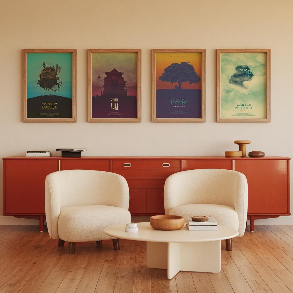 Studio Ghibli Movie Poster Set of 4 - Totoro Spirited Away Castle Howl Art Print, Japanese Animation Decor, Anime Fan Gift