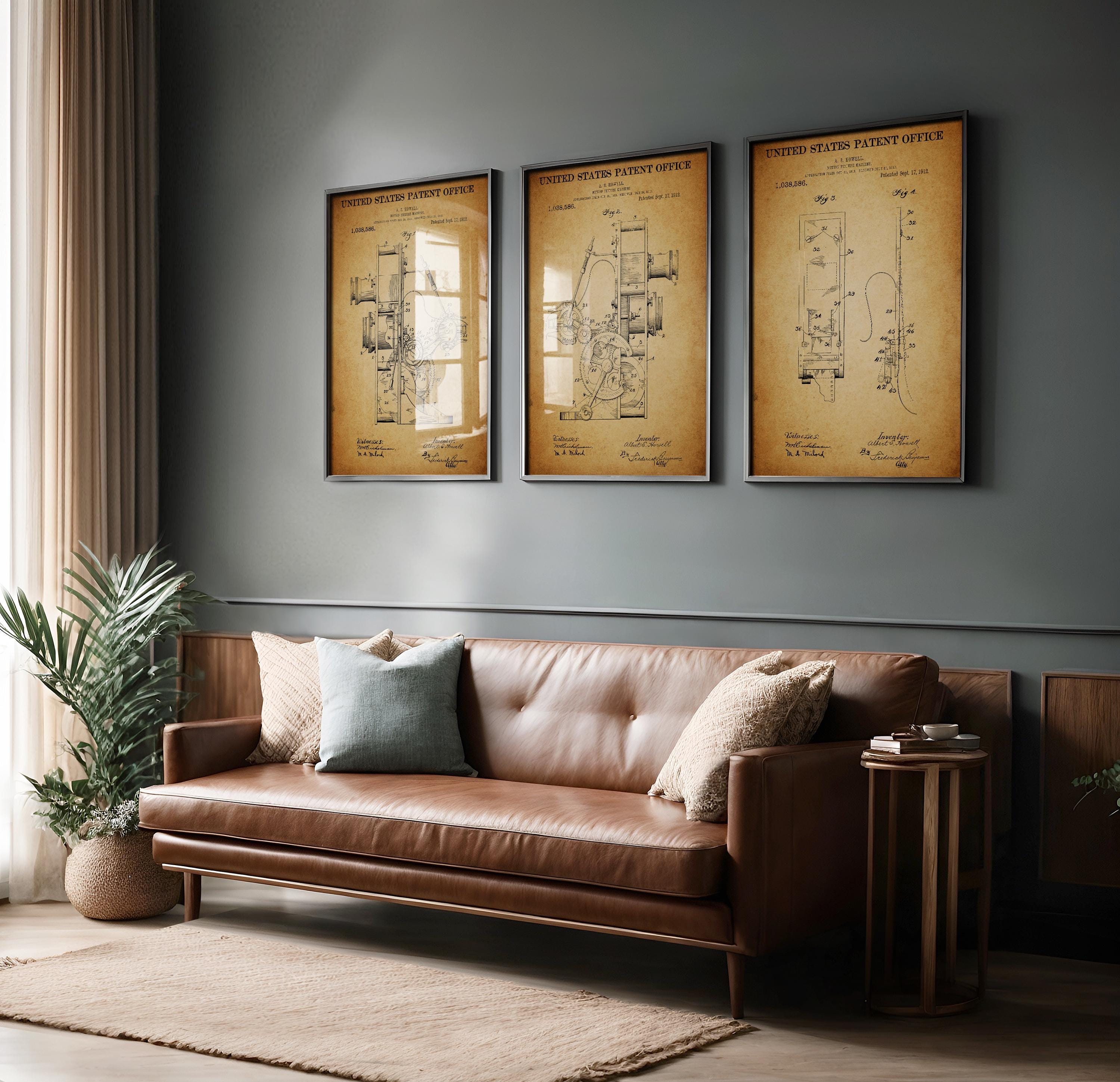 Set of 3 Patent Posters Cinema Projection Machine (US1038586) - Retro Cinema Print, Technical Wall Art, Cinephile Gift