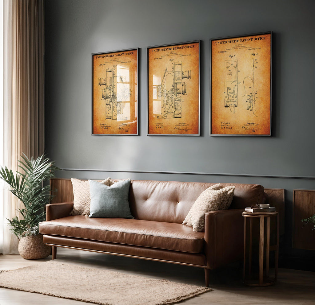 Set of 3 Patent Posters Cinema Projection Machine (US1038586) - Retro Cinema Print, Technical Wall Art, Cinephile Gift