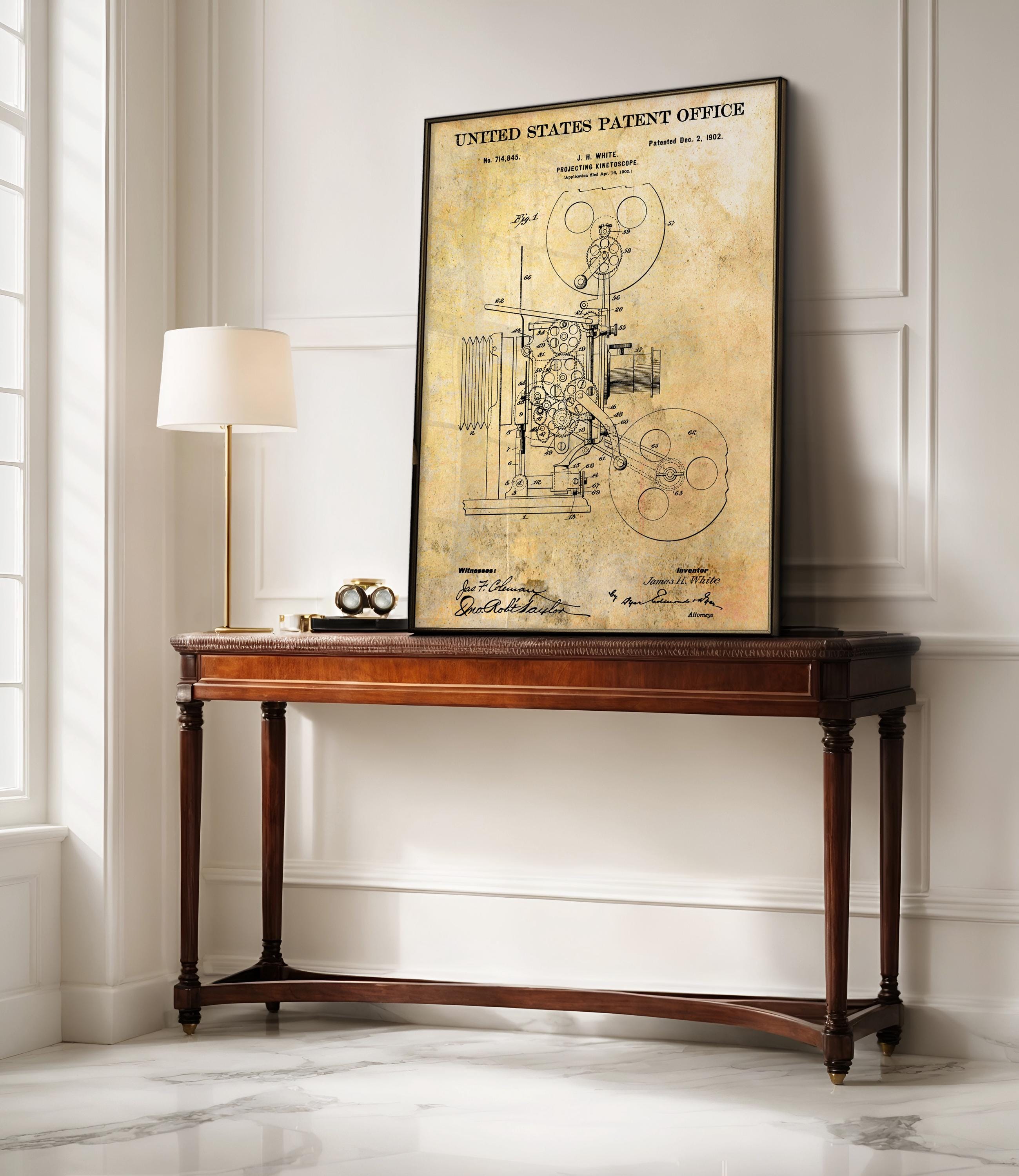 Projecting Kinetoscope (White) Patent Poster - Vintage Movie Invention Art Print, Industrial Wall Decor, Retro Film Poster (US714845-1)