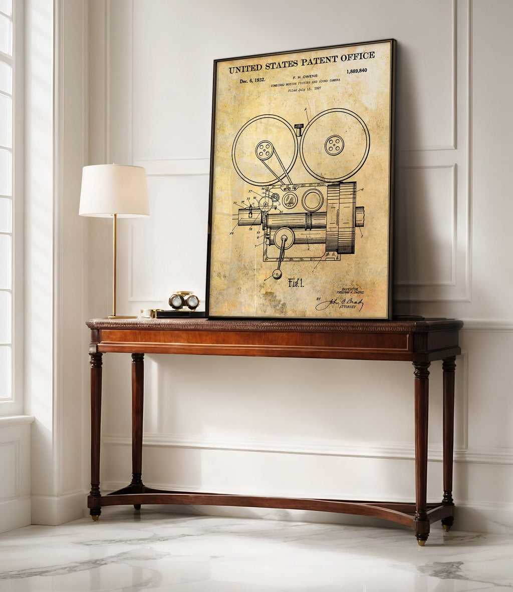 Film and sound camera (Owens) Patent Poster - Vintage Movie Invention Art Print, Industrial Wall Decor, Retro Film Poster (US1889840-1)