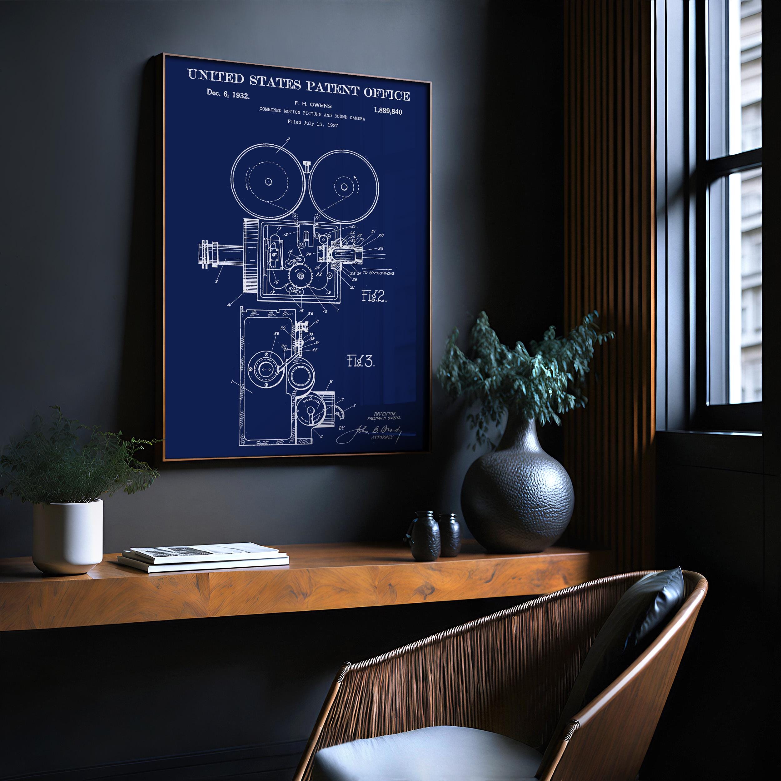 Film and sound camera (Owens) Patent Poster - Vintage Movie Invention Art Print, Industrial Wall Decor, Retro Film Poster (US1889840-2)