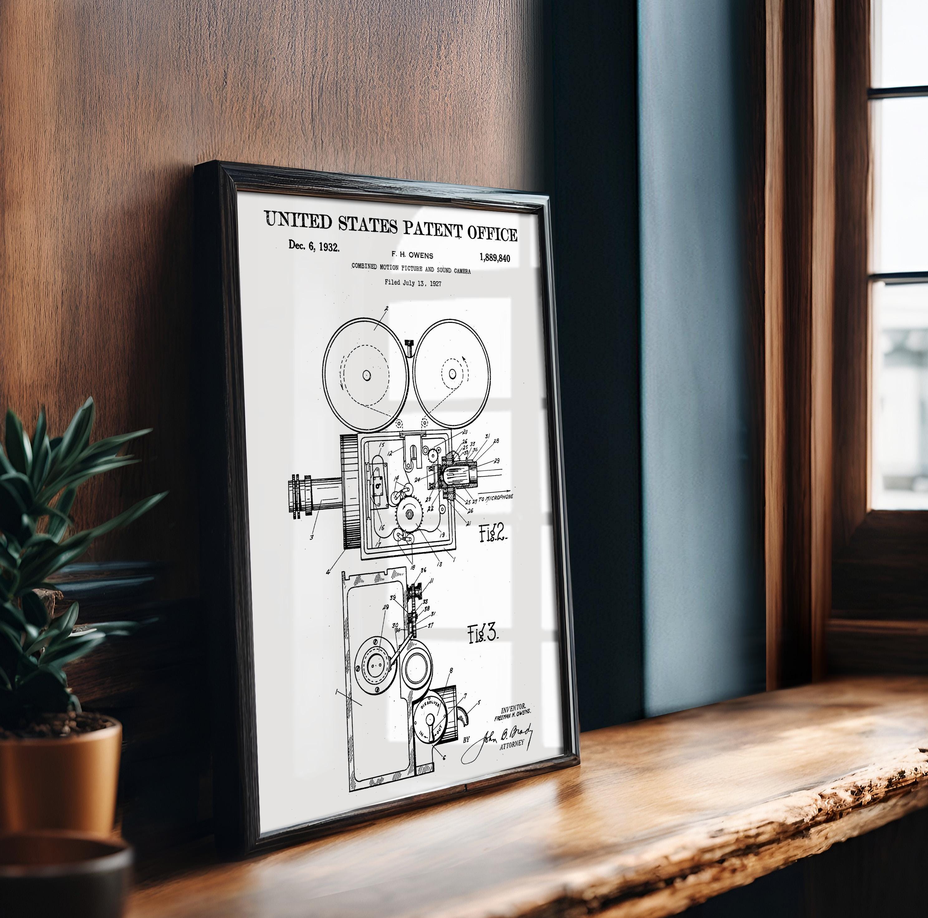 Film and sound camera (Owens) Patent Poster - Vintage Movie Invention Art Print, Industrial Wall Decor, Retro Film Poster (US1889840-2)