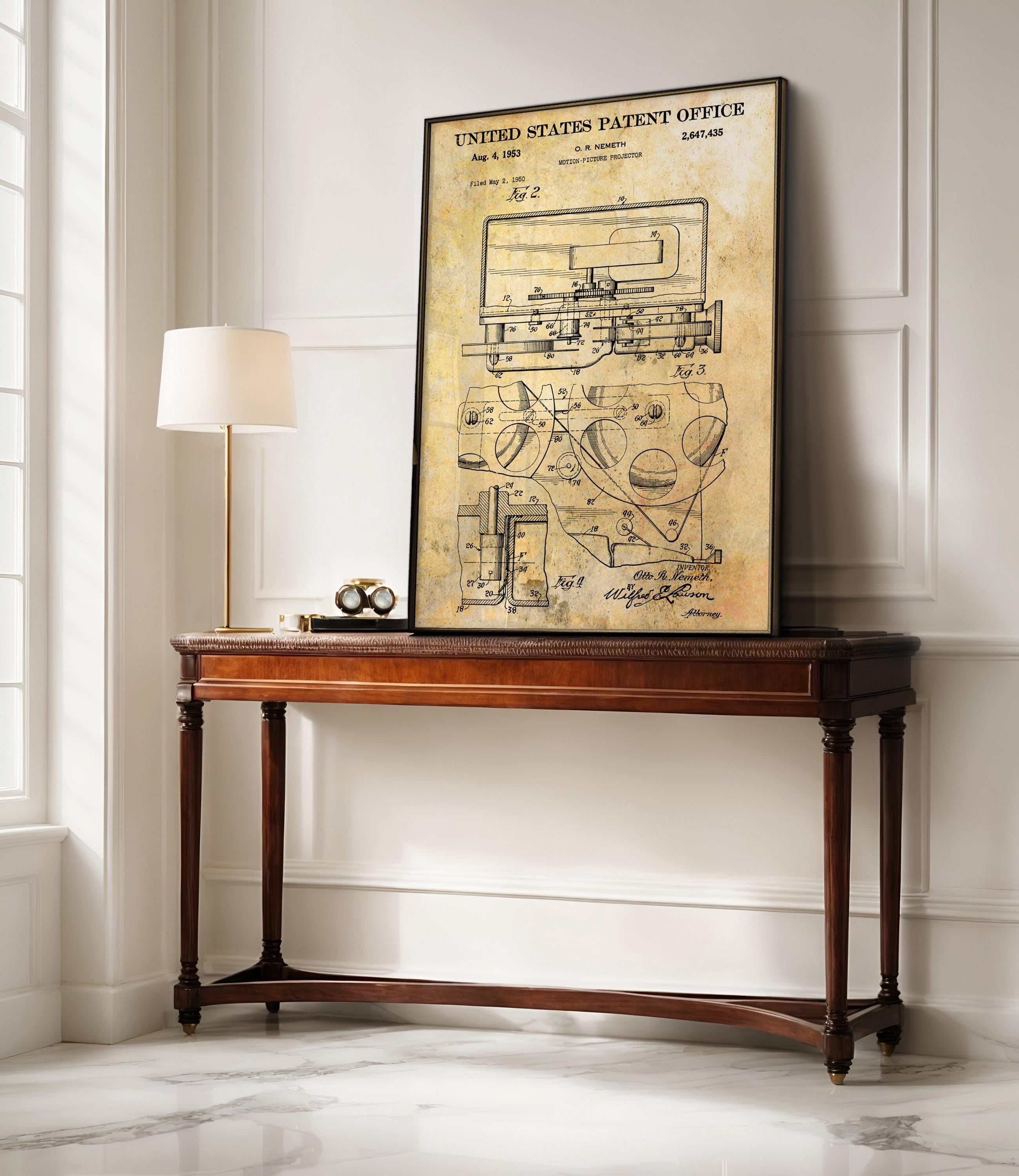 Motion-picture projector (Nemeth) Patent Poster - Vintage Movie Invention Art Print, Industrial Wall Decor, Retro Film Poster (US2647435-2)