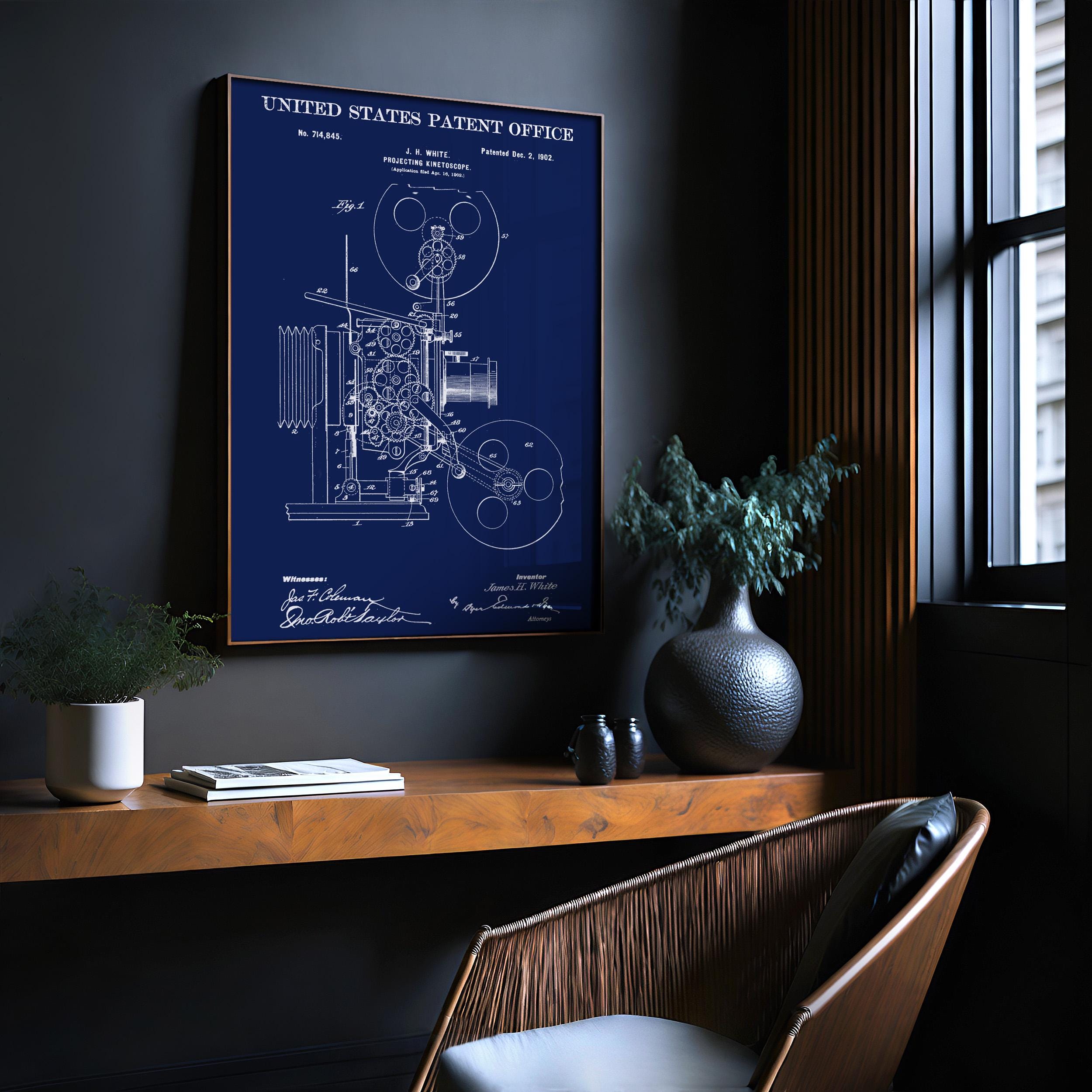 Projecting Kinetoscope (White) Patent Poster - Vintage Movie Invention Art Print, Industrial Wall Decor, Retro Film Poster (US714845-1)