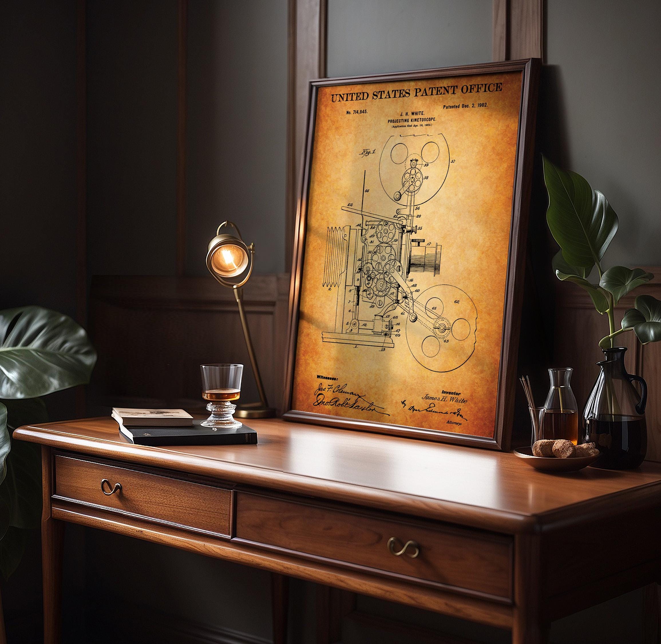 Projecting Kinetoscope (White) Patent Poster - Vintage Movie Invention Art Print, Industrial Wall Decor, Retro Film Poster (US714845-1)