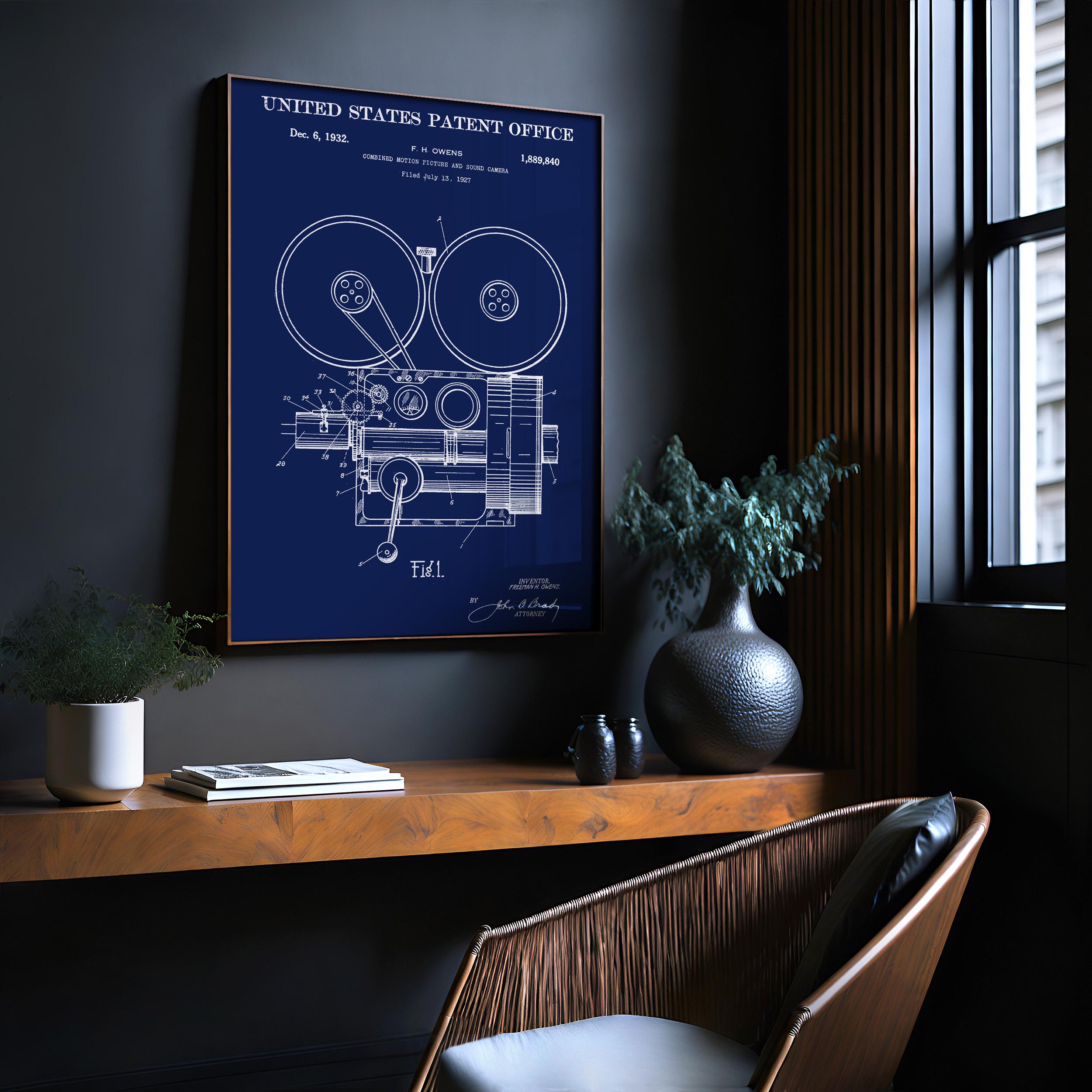 Film and sound camera (Owens) Patent Poster - Vintage Movie Invention Art Print, Industrial Wall Decor, Retro Film Poster (US1889840-1)