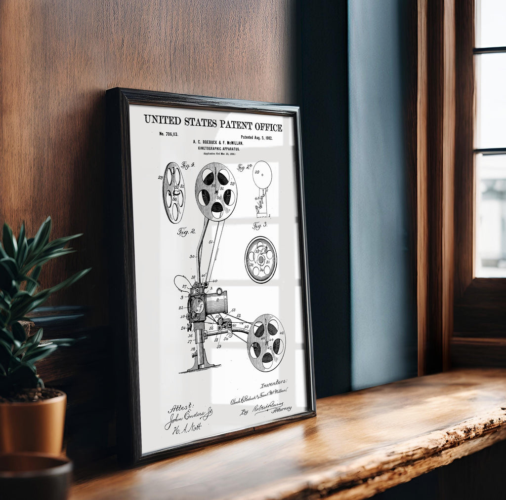 Kinetographic Apparatus Patent Poster - Vintage Camera Machine Print, Industrial Wall Art, Retro Cinema Wall Decor (US706113-2)