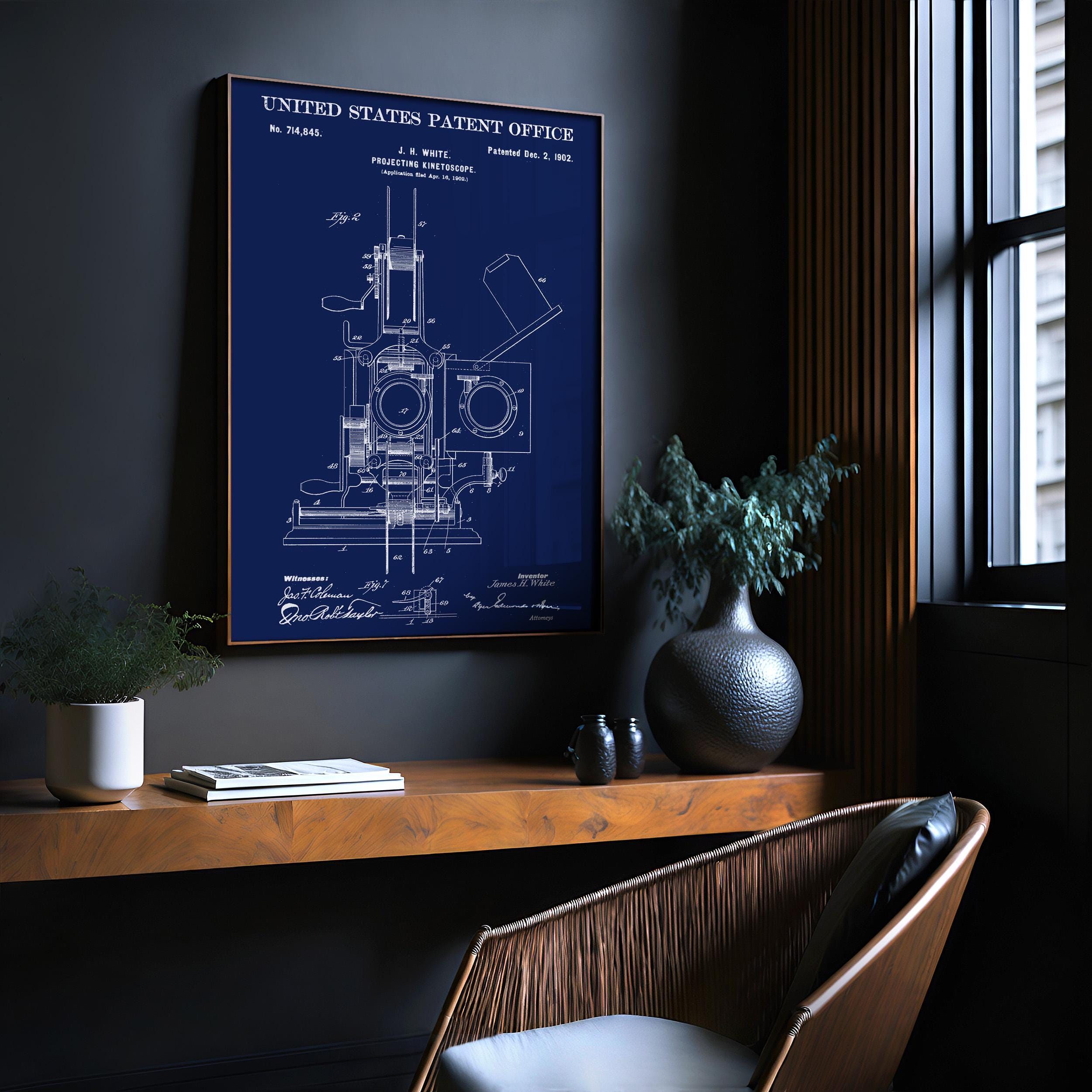 Projecting Kinetoscope (White) Patent Poster - Vintage Movie Invention Art Print, Industrial Wall Decor, Retro Film Poster (US714845-2)
