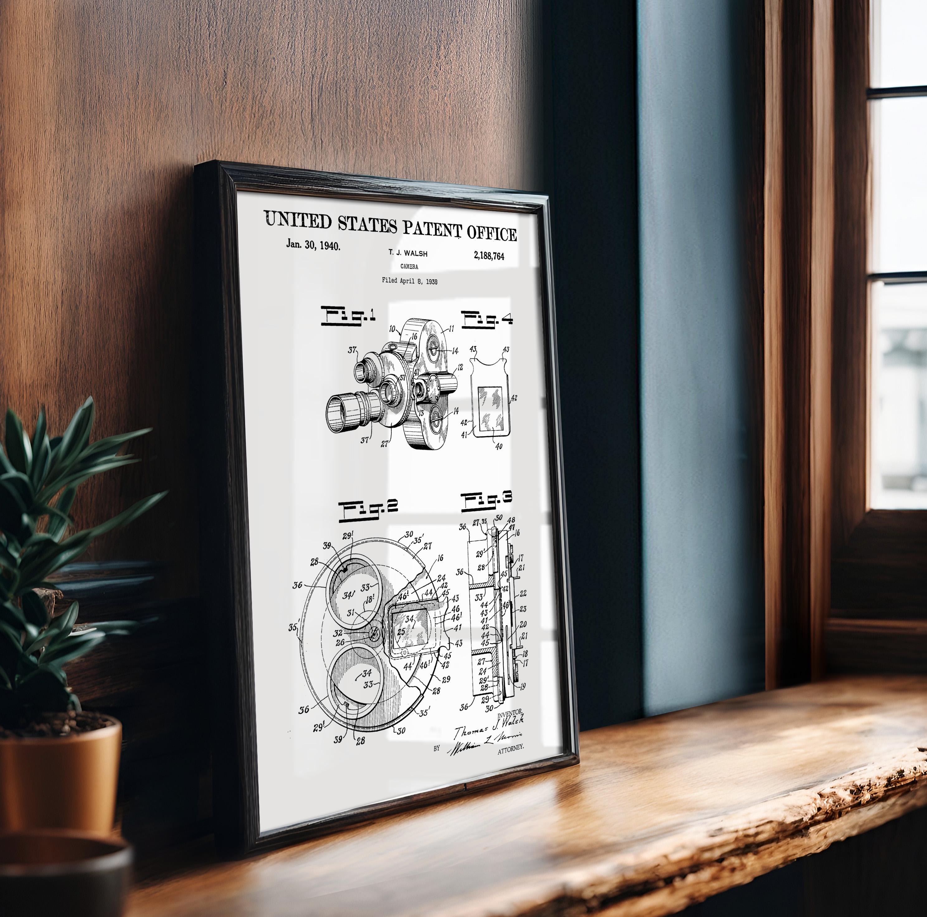 Vintage Camera Patent Print - 1940s Technical Drawing, Cinematic Wall Art, Filmmaker Gift Idea (US2188764)