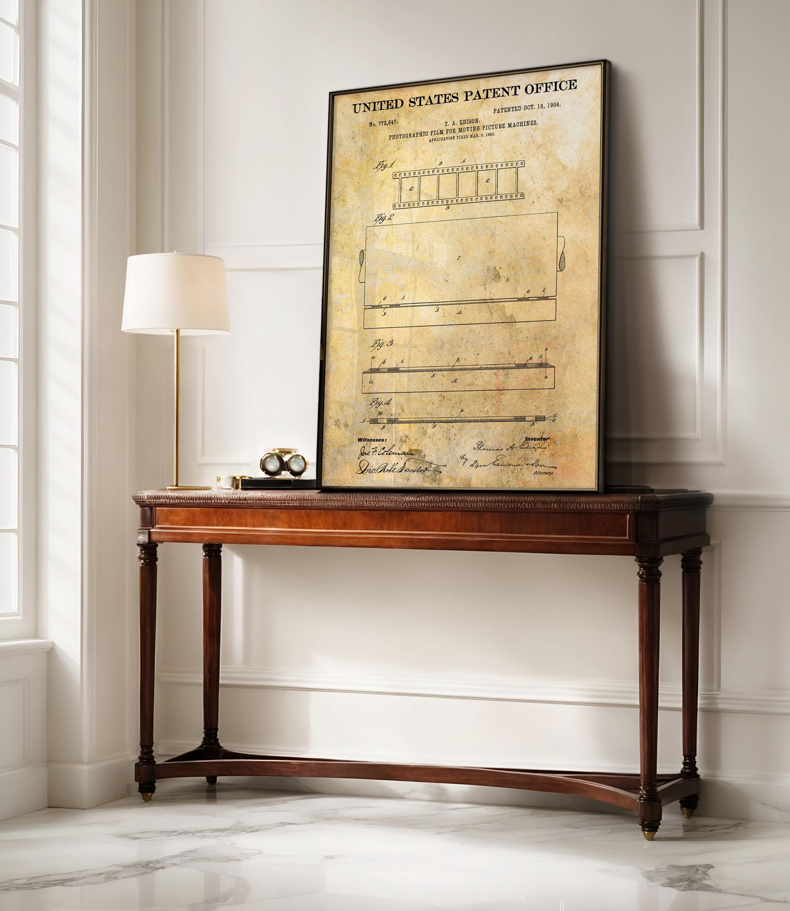 Edison's Photographic Film Patent Print - Historical Technical Drawing, Wall Art, Inventor Gift Idea (US772647)