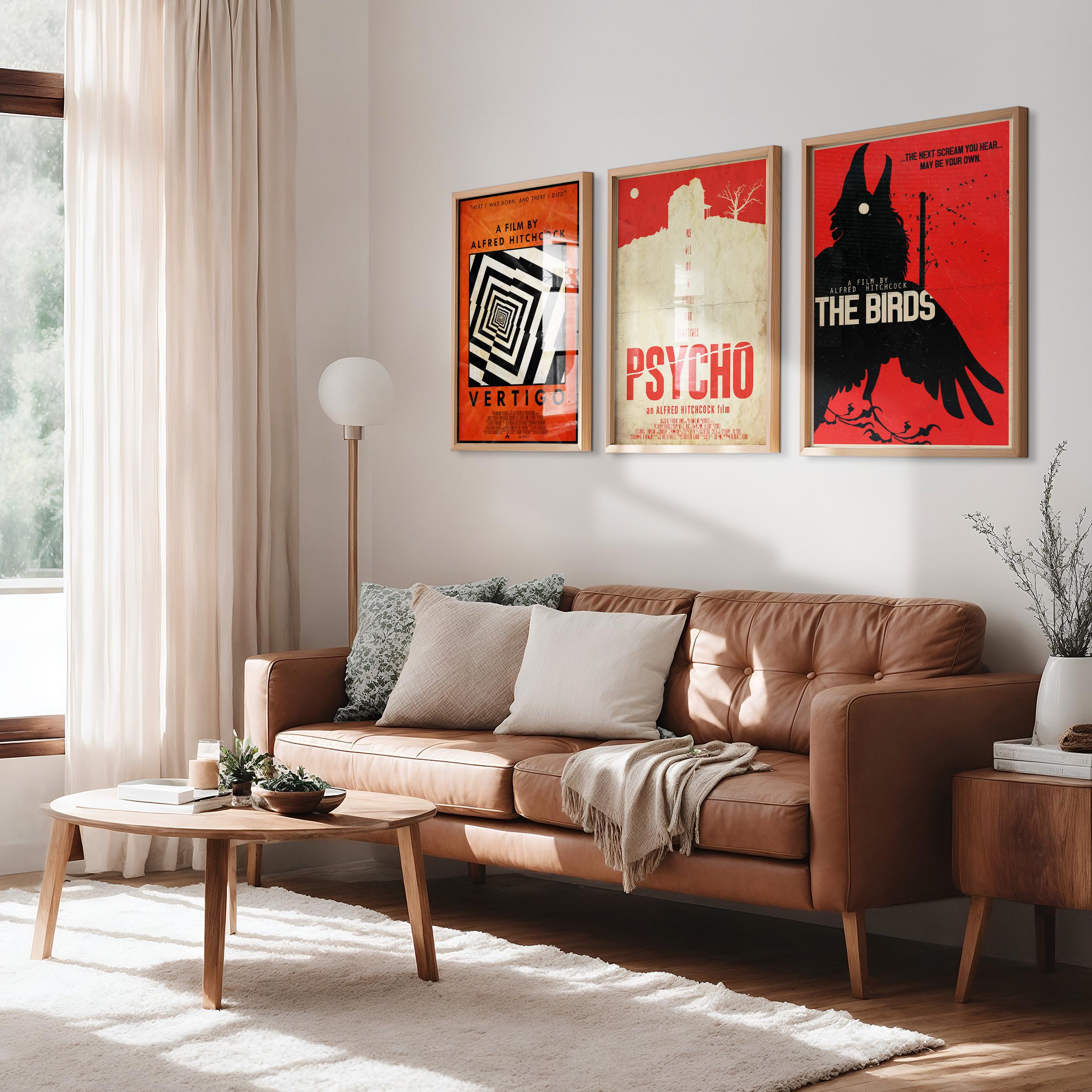 Alfred Hitchcock Movie Poster Set of 3 - Master of Suspense Print, Classic Cinema Decor, Thriller Fan Gift