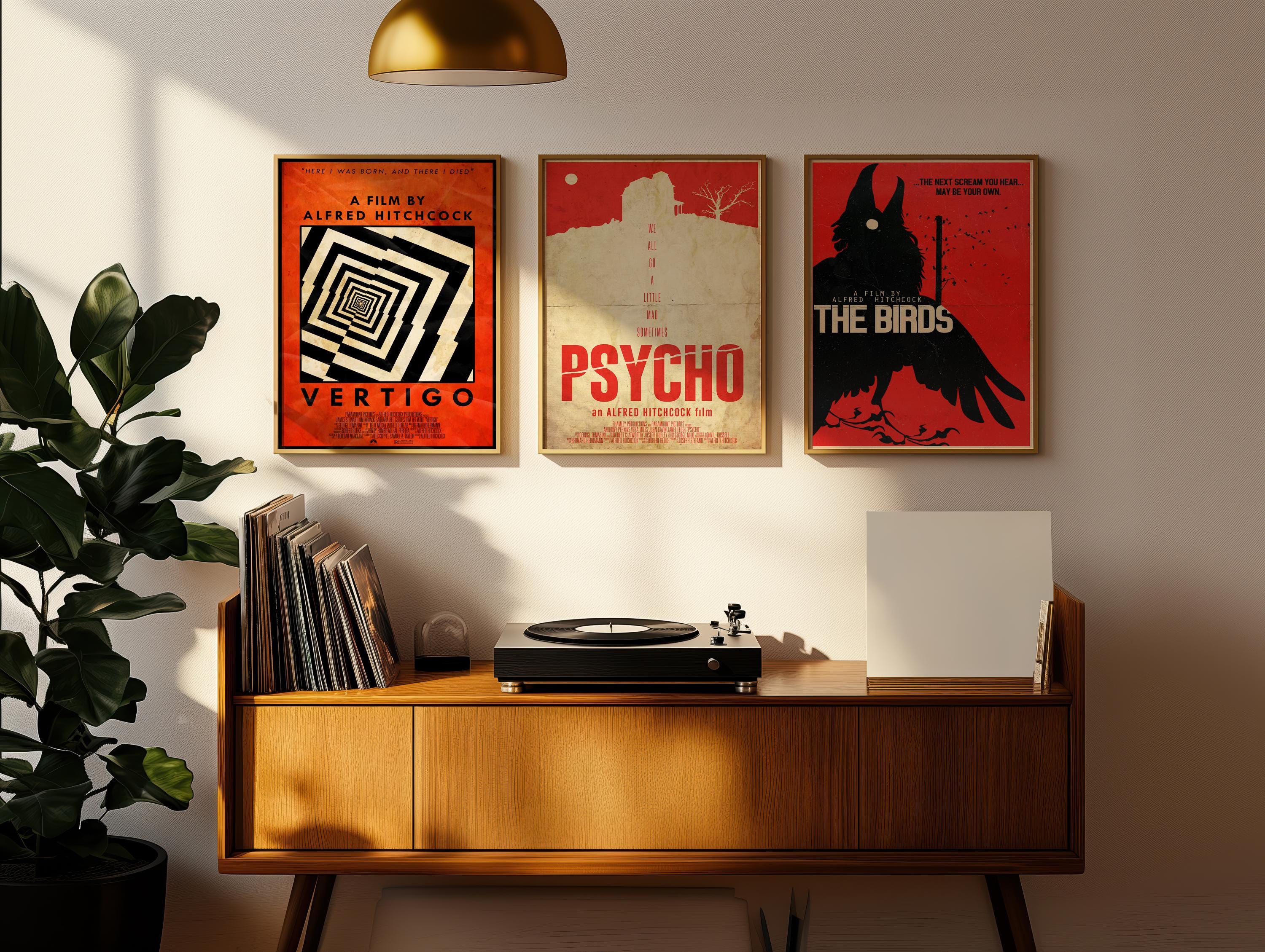 Alfred Hitchcock Movie Poster Set of 3 - Master of Suspense Print, Classic Cinema Decor, Thriller Fan Gift