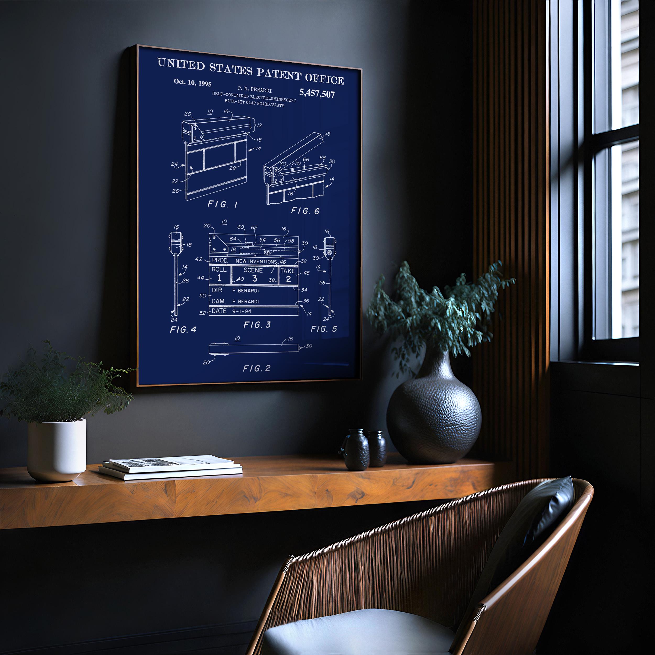 Clap Board Patent Print - Modern Technical Drawing, Movie Set Decor, Filmmaker Gift Idea (US5457507)