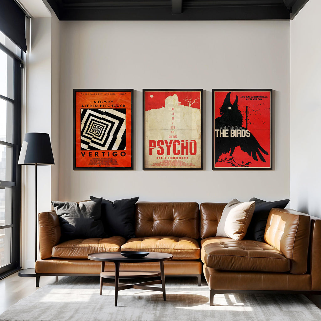 Alfred Hitchcock Movie Poster Set of 3 - Master of Suspense Print, Classic Cinema Decor, Thriller Fan Gift