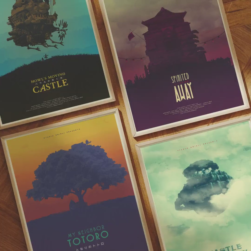 Studio Ghibli Movie Poster Set of 4 - Totoro Spirited Away Castle Howl Art Print, Japanese Animation Decor, Anime Fan Gift